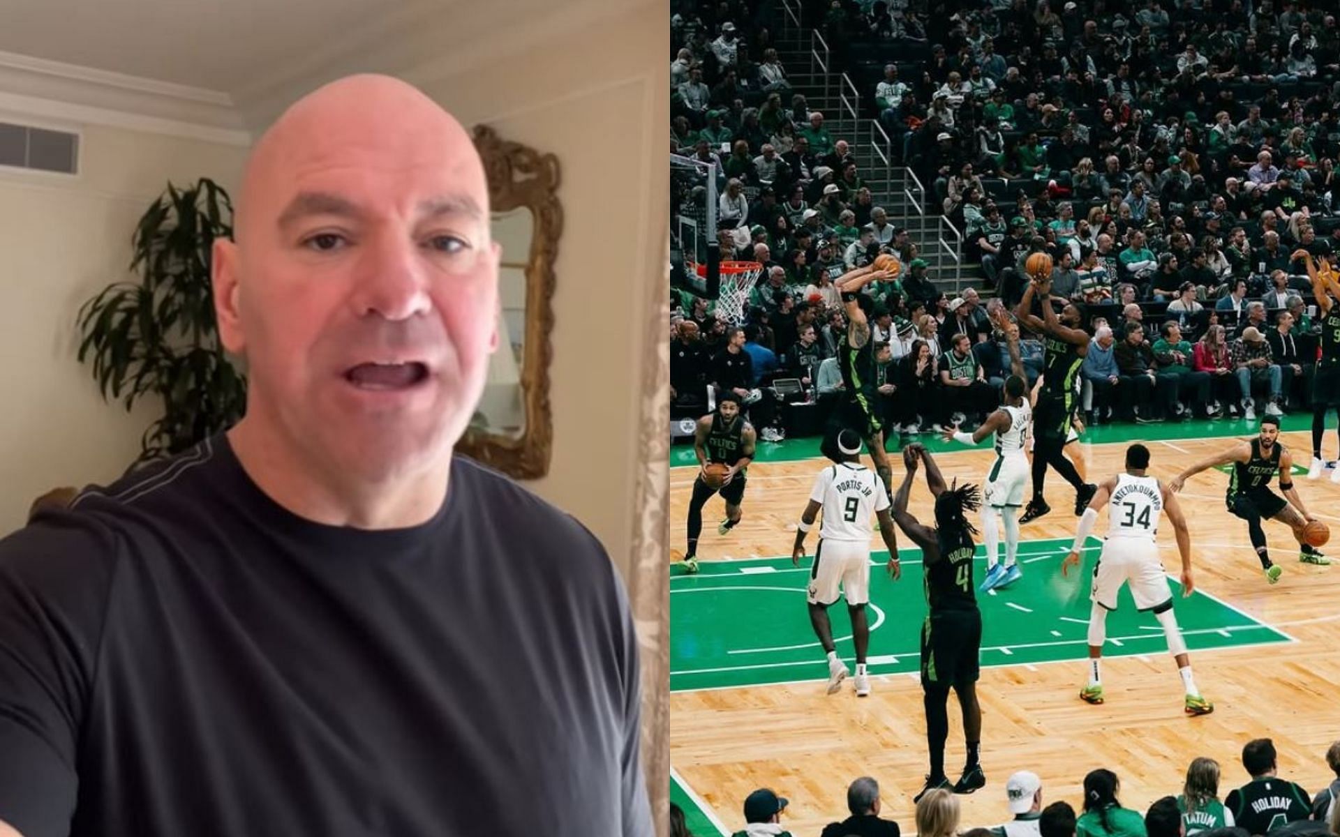 A UFC commentator proposed Dana White (left) to own the Boston Celtics (right). [Image credit: @danawhite, @celtics on Instagram]