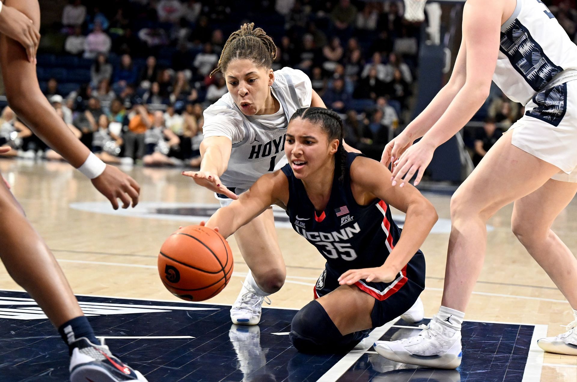 Azzi Fudd (#35) of the UConn Huskies battles for the ball in the first quarter against Kelsey Ransom #1 of the Georgetown Hoyas at Entertainment &amp; Sports Arena on January 11, 2025 in Washington, DC. Photo: Getty