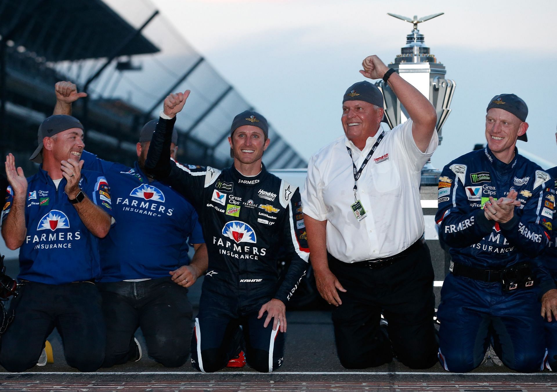 In Picture: Kasey Kahne, driver of the #5 Farmers Insurance Chevrolet, celebrates with team owner Rick Hendrick - Source: Getty