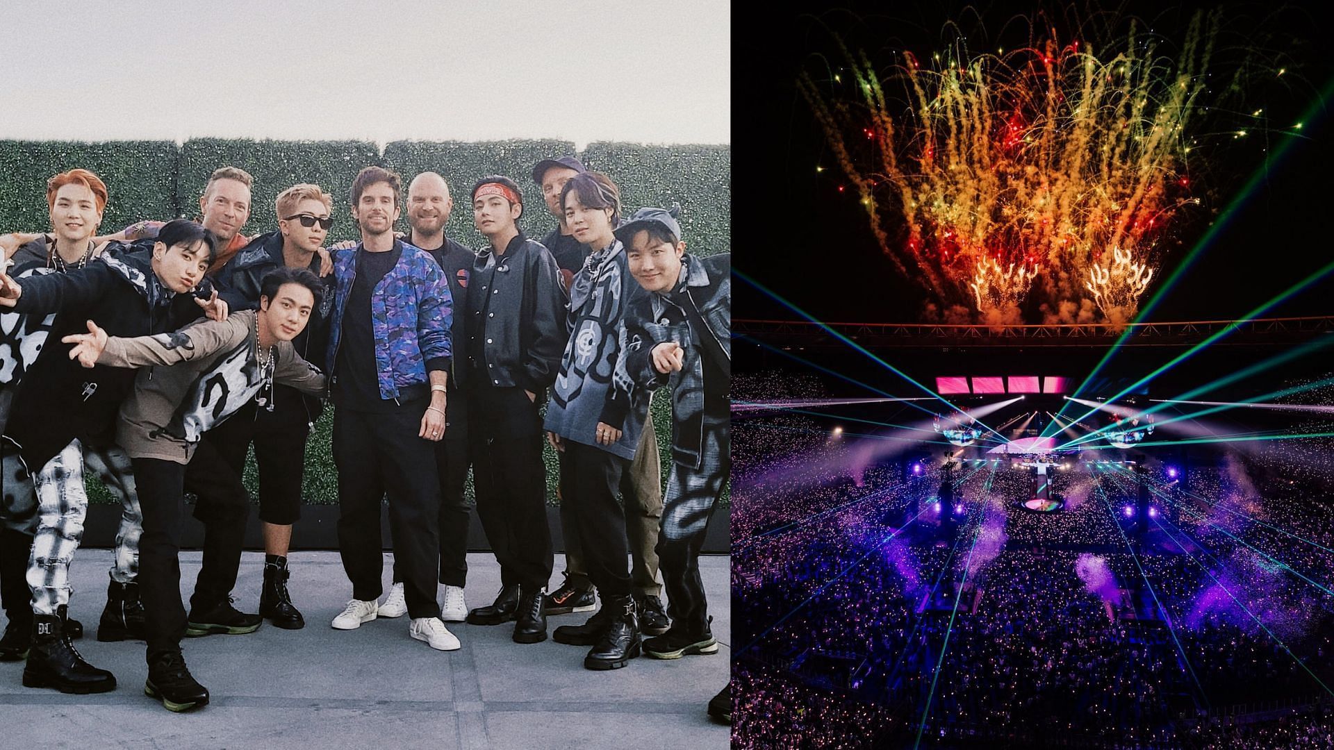 Coldplay gives a shoutout to BTS during their Indian concert. (Images via X/@BTS_twt and @coldplay)