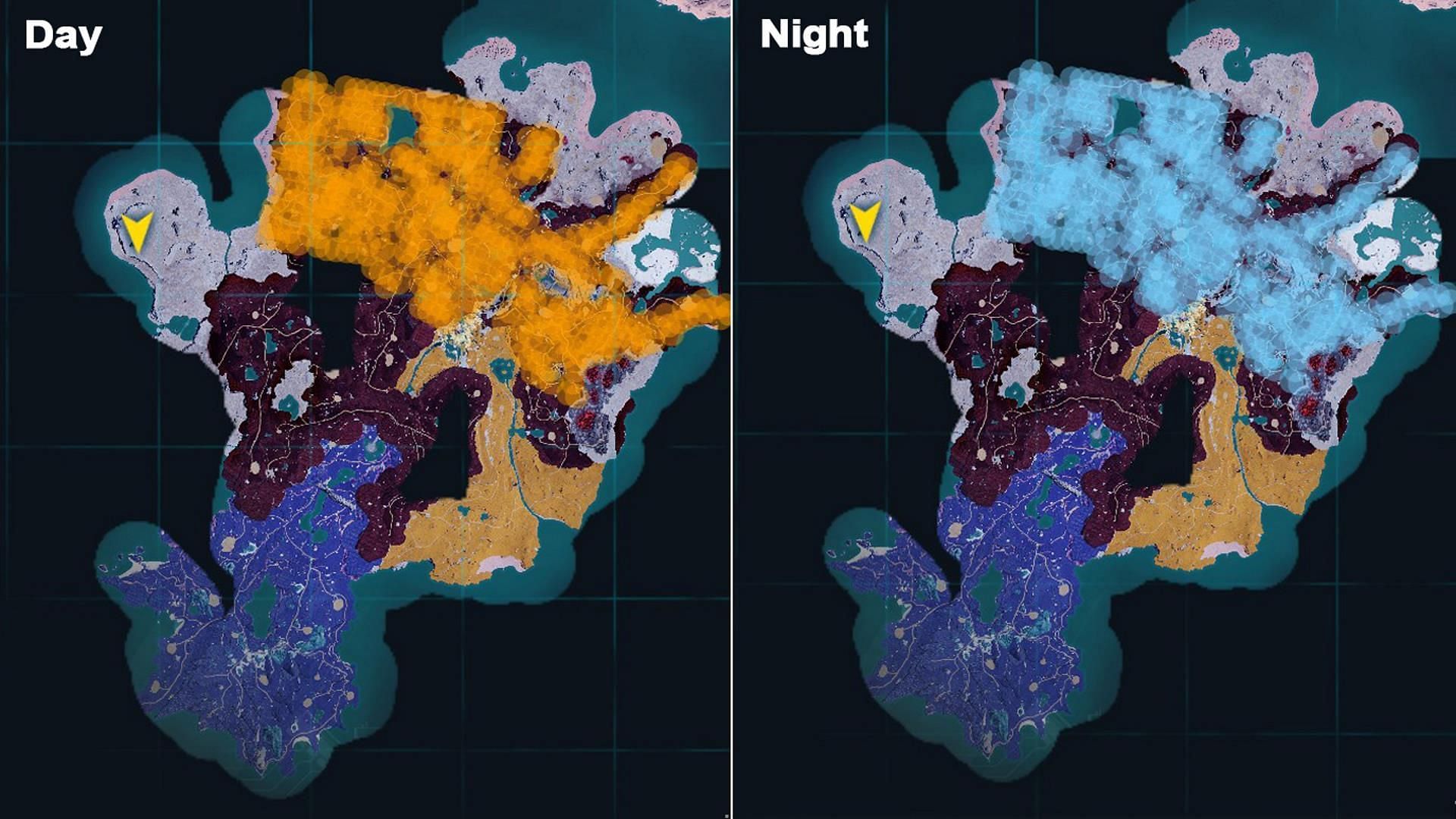 Smokie&#039;s habitat locations during day and night in Feybreak Island (Image via Pocketpair)