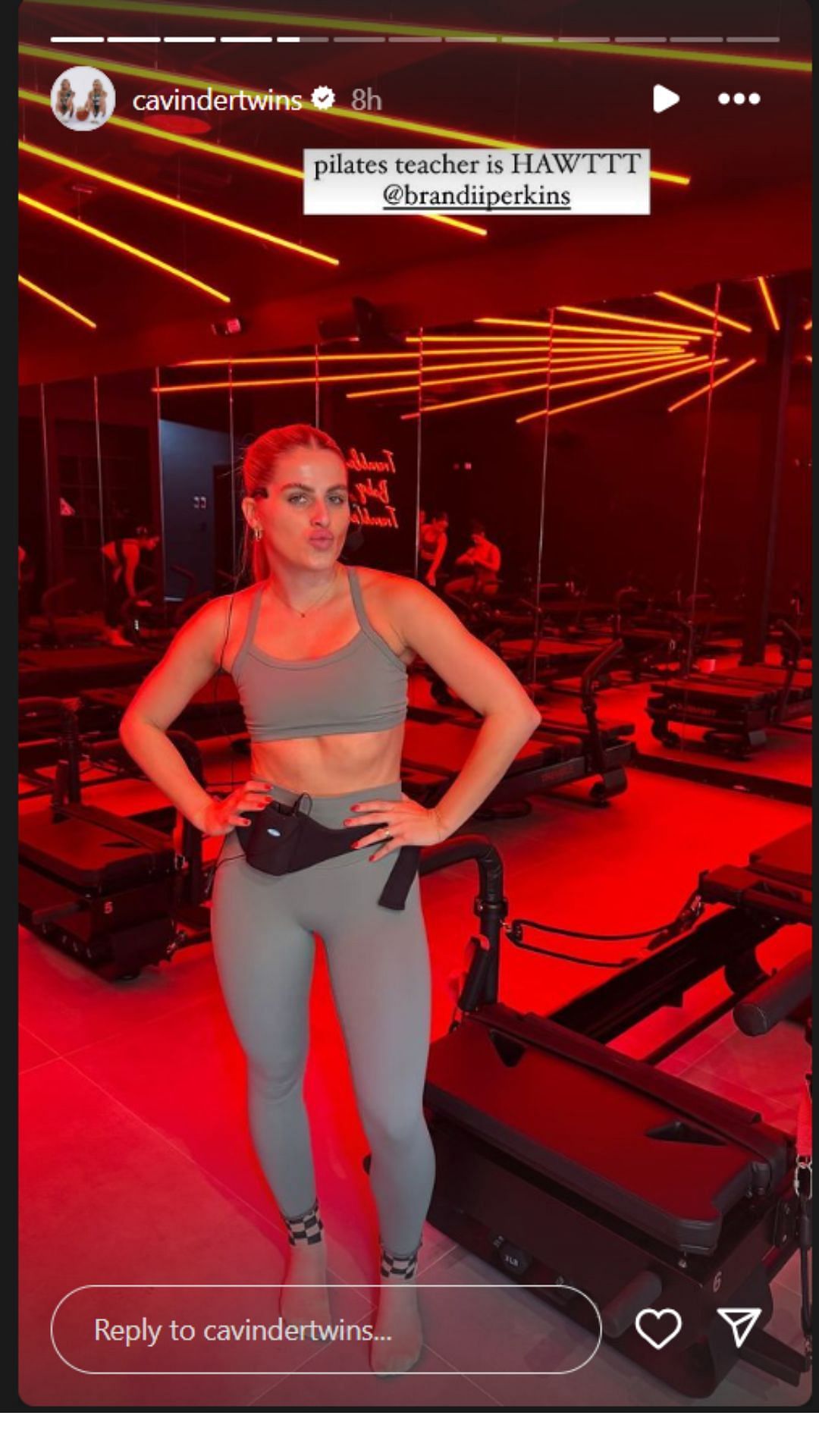 The Cavinder Twins&#039; older sister, Brandi Perkins poses during a Pilates workout session. IG image via @cavindertwins