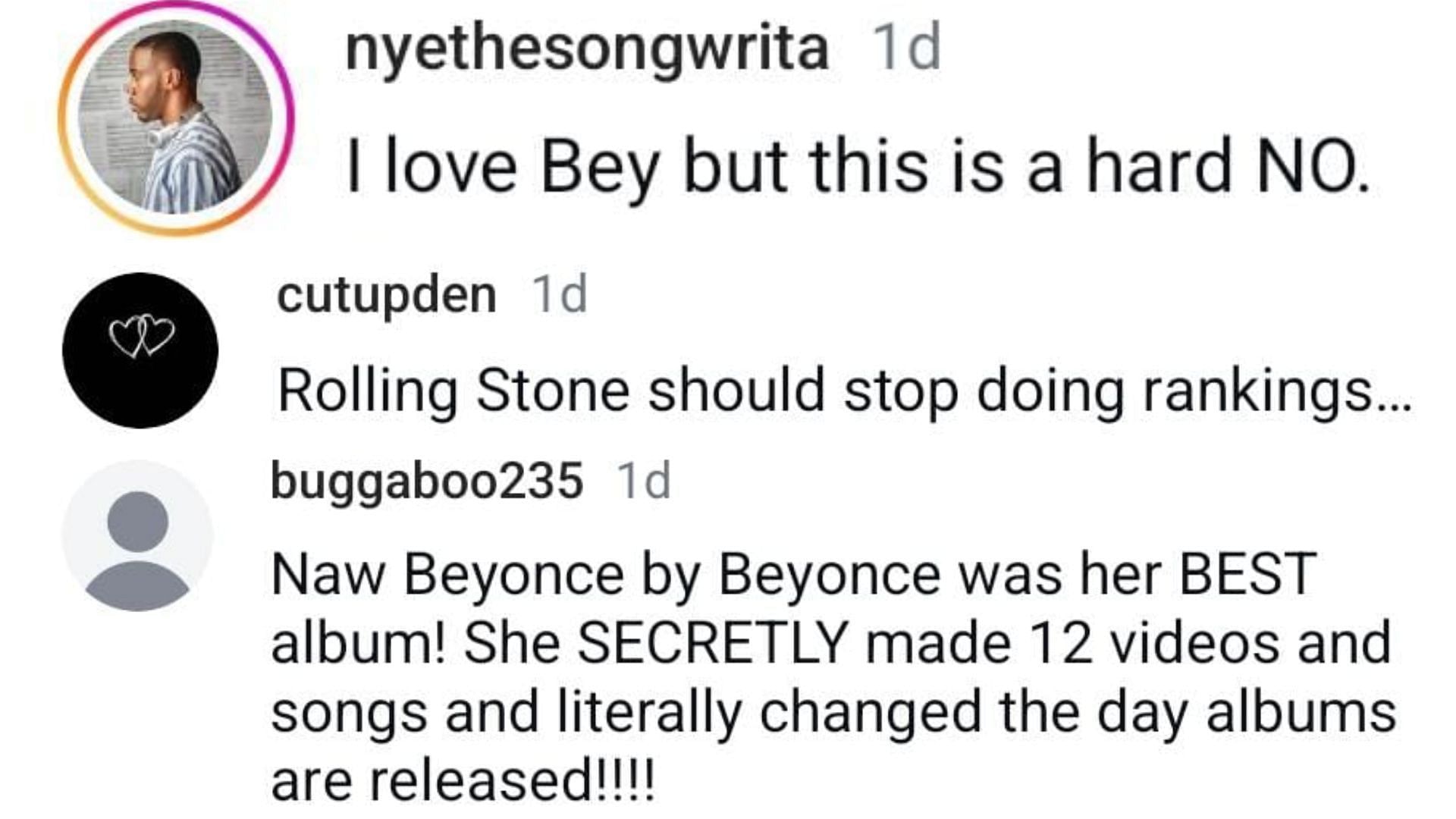 Netizens reacted as Beyonce&rsquo;s &#039;Lemonade&#039; was ranked No 1 (Image via Instagram/@nyethesongwrita, @cutupden, @buggaboo235)