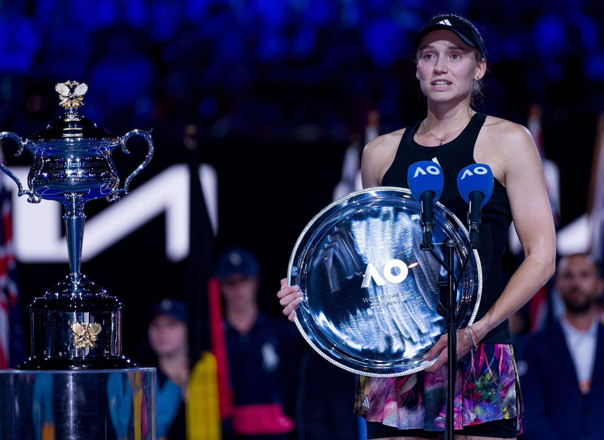 Elena Rybakina with the 2023 Australian Open runner-up trophy. (Source: Getty)