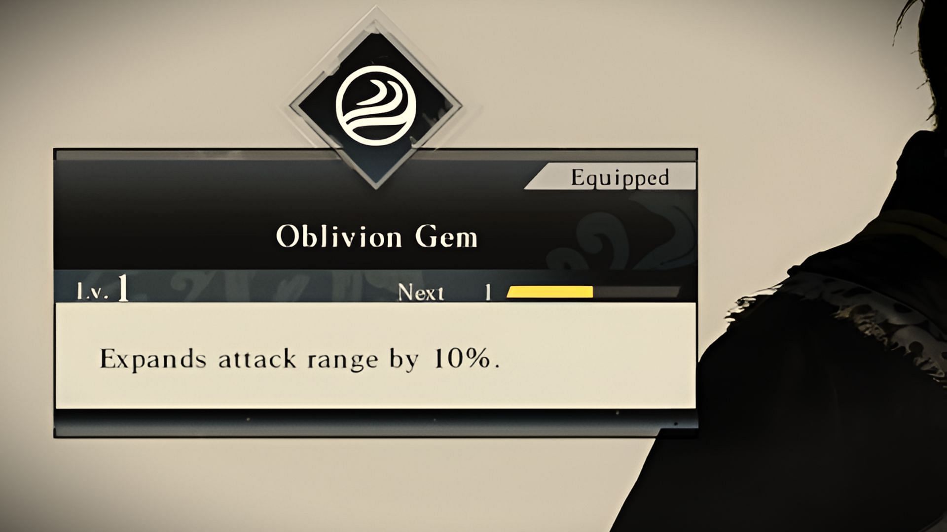 The Oblivion Gem in Best Gems increases attack reach by 10%, with an additional 1% increase per level (Image via Koei Tecmo)