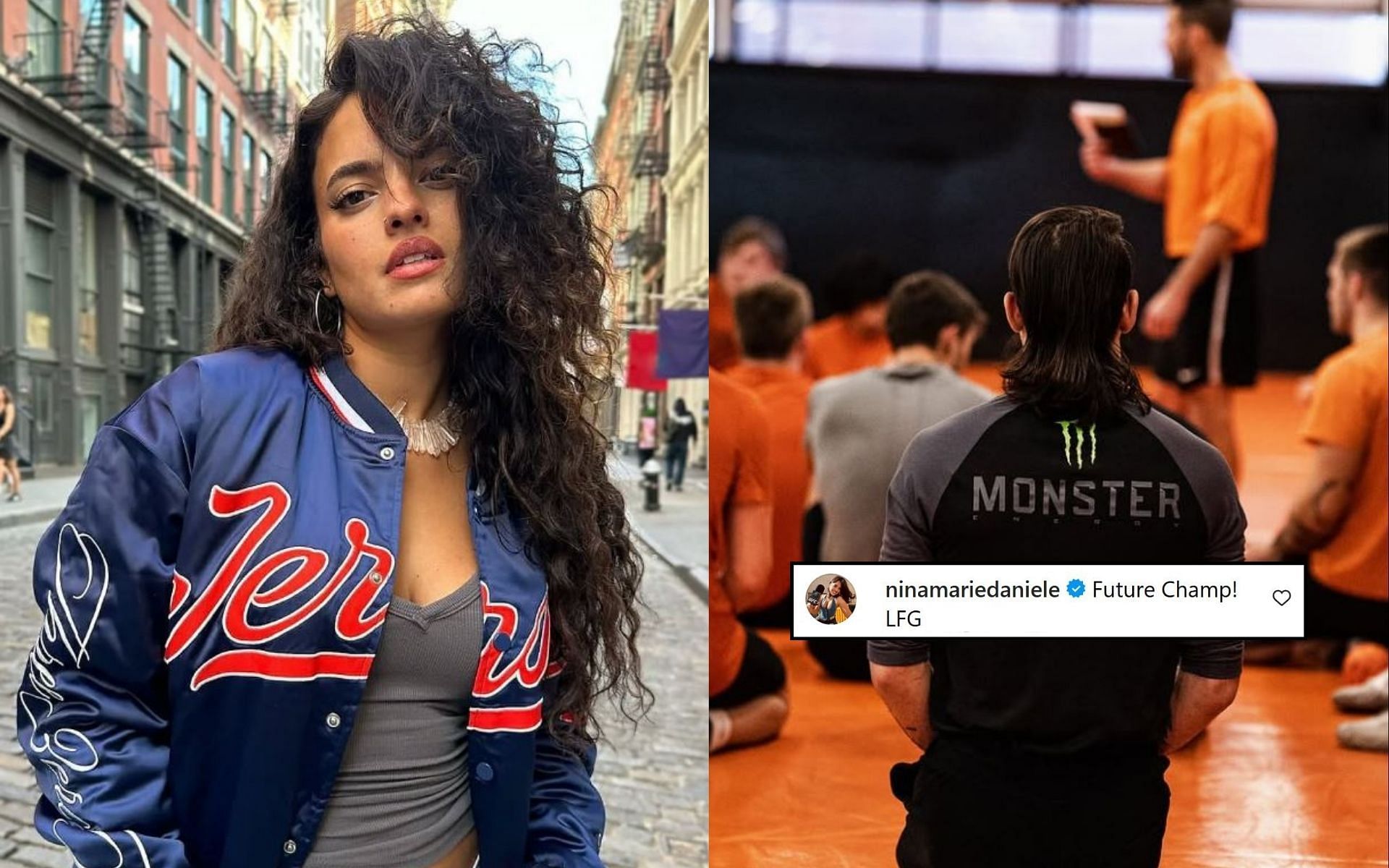 Nina-Marie  Daniele (left) is excited for the next bout of a UFC featherweight rising star (right). [Images courtesy: @ninamariedaniele and @diegolopesmma on Instagram]