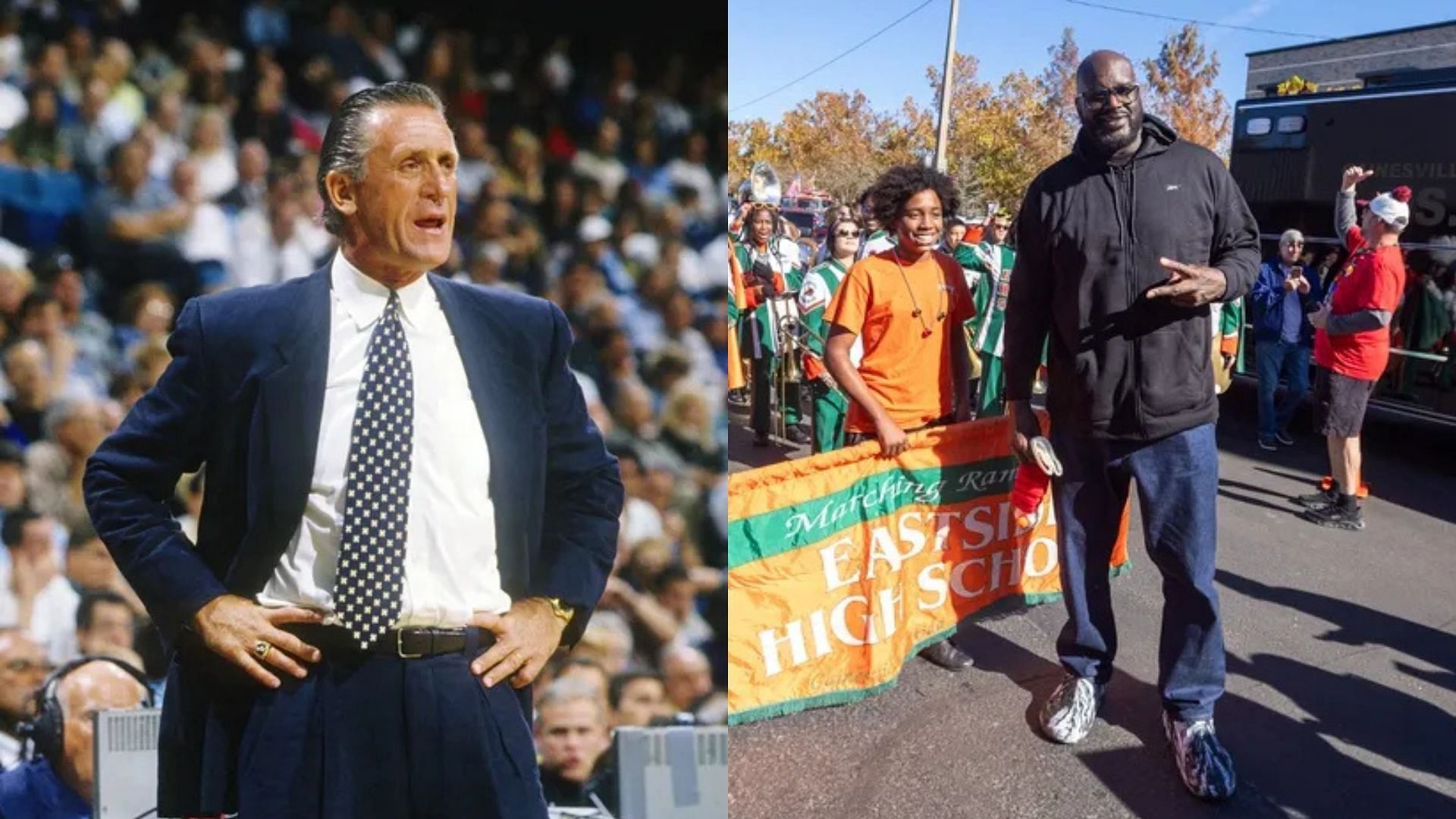 Pat Riley coaching a game for the Miami Heat. Former NBA center Shaquille O