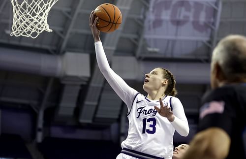 Sedona Prince (#13) of the TCU Horned Frogs shoots the ball against the Houston Christian Huskies at Schollmaier Arena on November 5, 2024. Photo: Getty