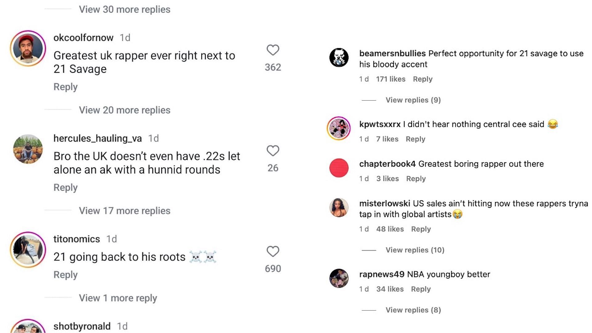 Screenshots of comments under DJ Akademiks&#039; post regarding Central Cee and 21 Savage&#039;s new collaboration &#039;GBP&#039; (Image via Instagram/@akademiks)