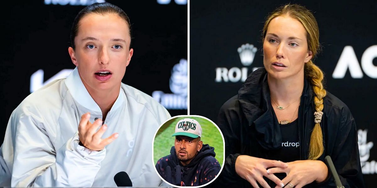 Iga Swiatek (L), Nick Kyrgios (inset) and Danielle Collins (R) (Image Source: Getty)