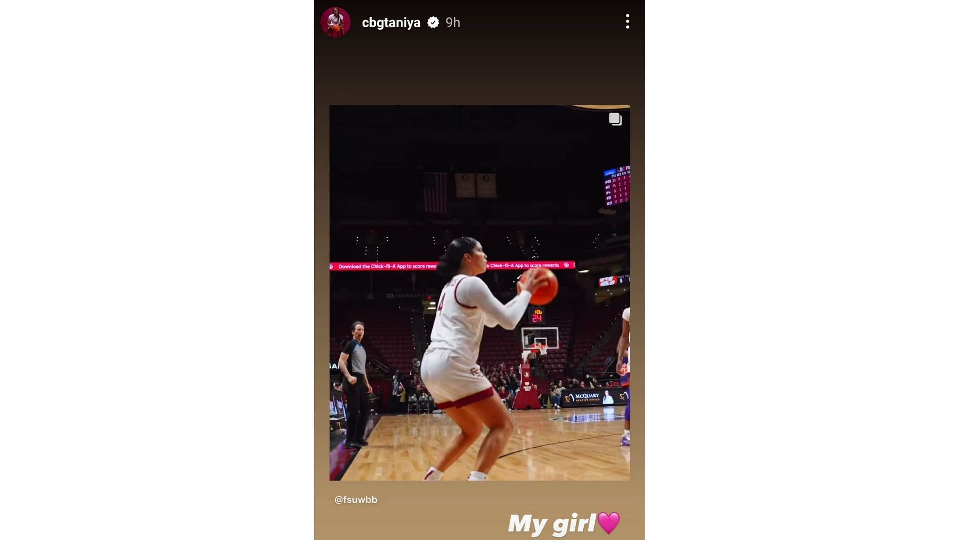 Ta&#039;Niya Latson praised her teammate Raiane Dias Dos Santos on her Instagram story on Wednesday after their win over Miami over the weekend. Source: Instagram/@cbgtaniya