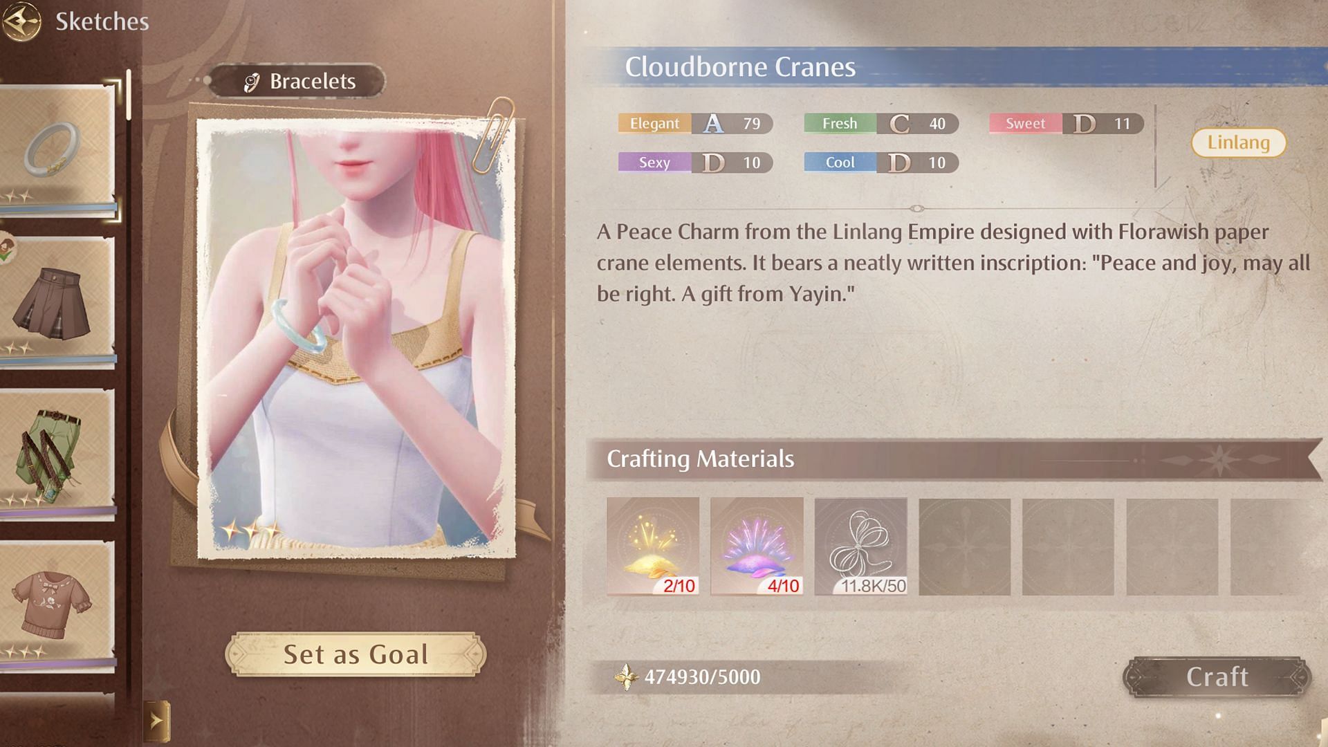 Craft Cloudborne Cranes from the Sketches menu (Image via Infold Games)