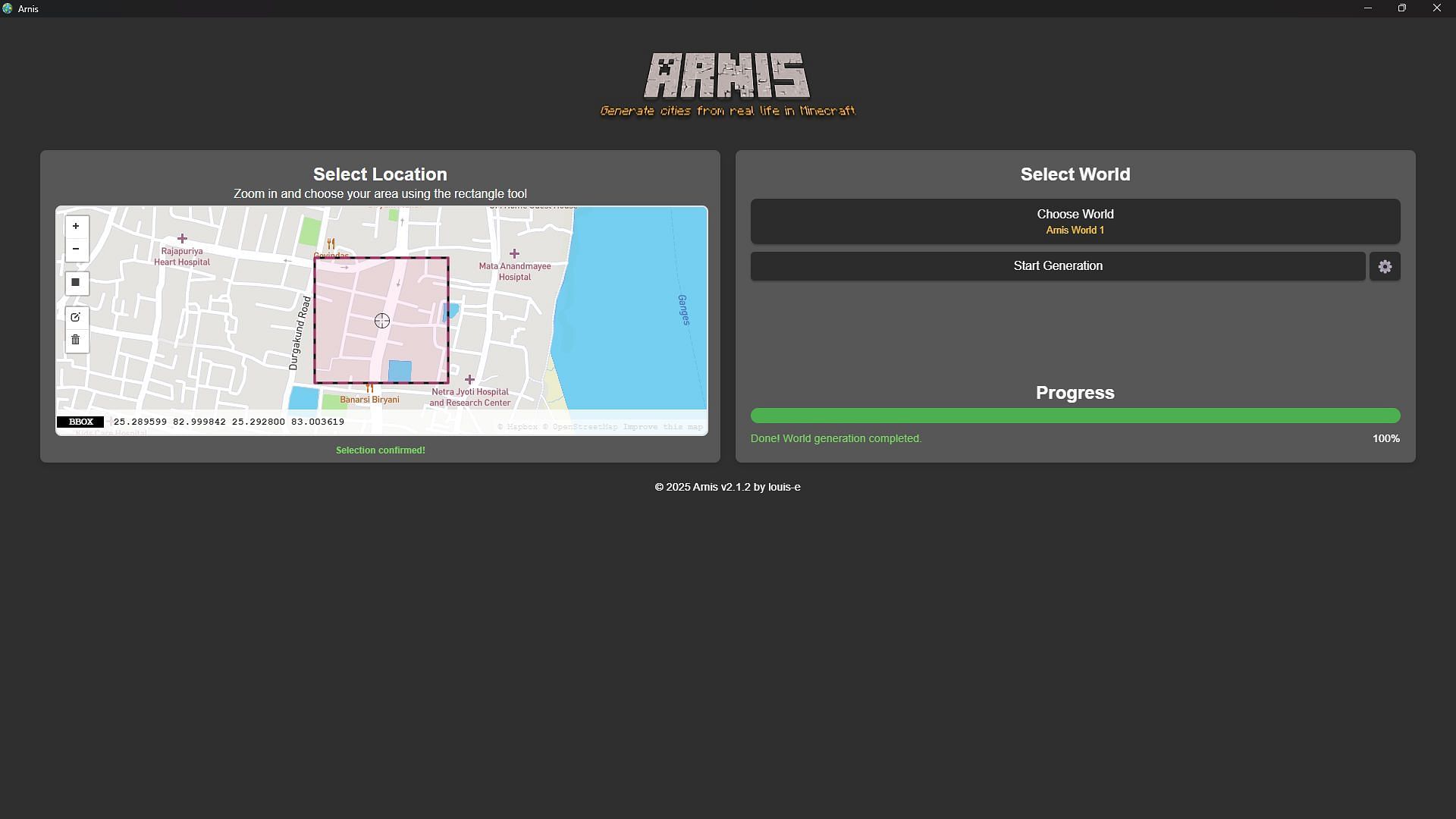 Select any area on the map using the square tool to generate that area in a new Minecraft world (Image via Arnis)