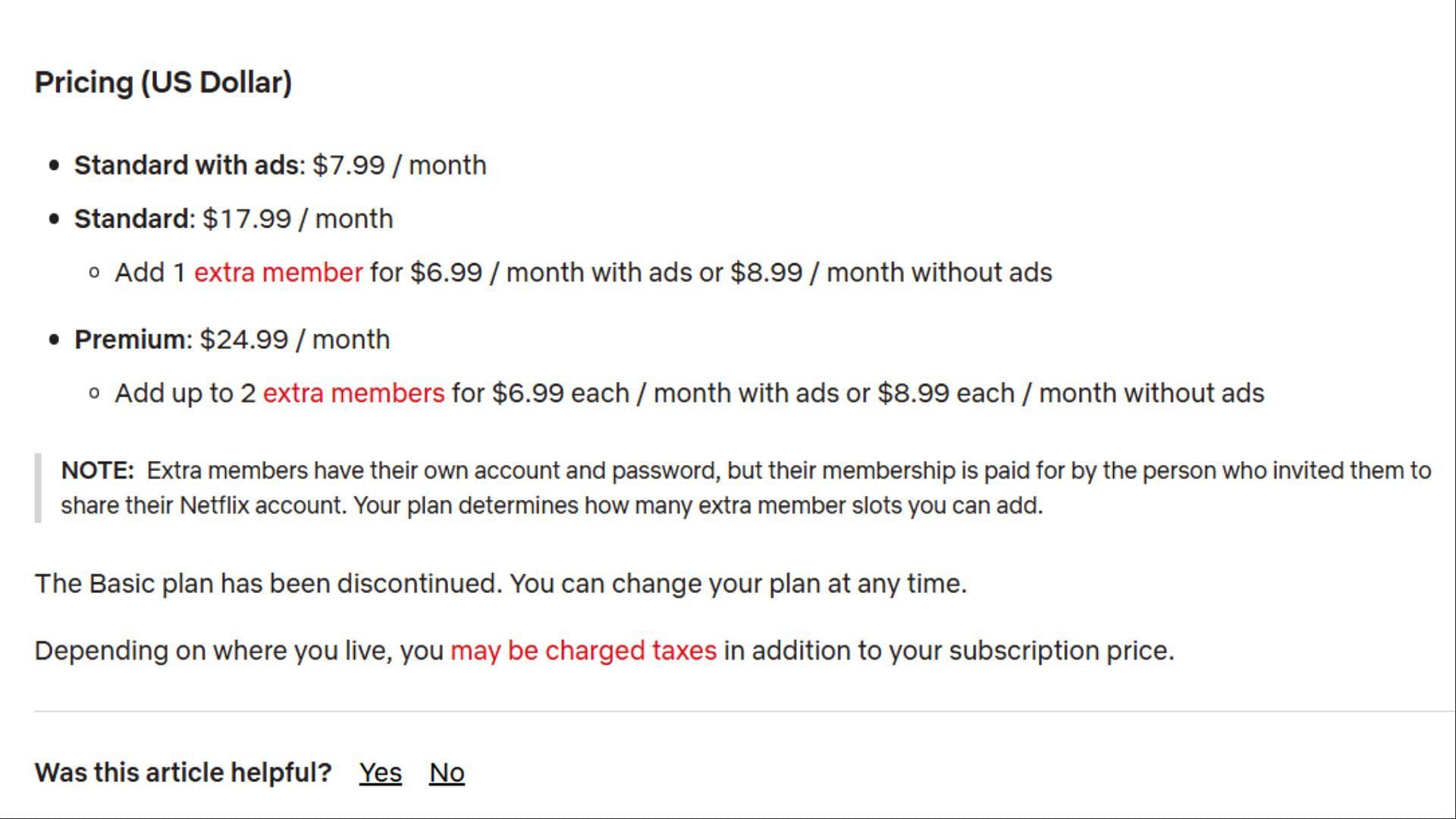 Screenshot of the pricing plan for Netflix USA (Image via help.netflix.com)