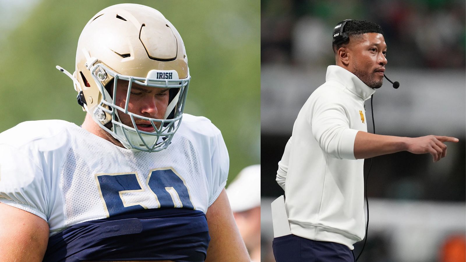 Veteran offensive lineman Rocco Spindler is reportedly heading to the portal and leaving behind Notre Dame and coach Marcus Freeman. (Photo Credits: IMAGN)