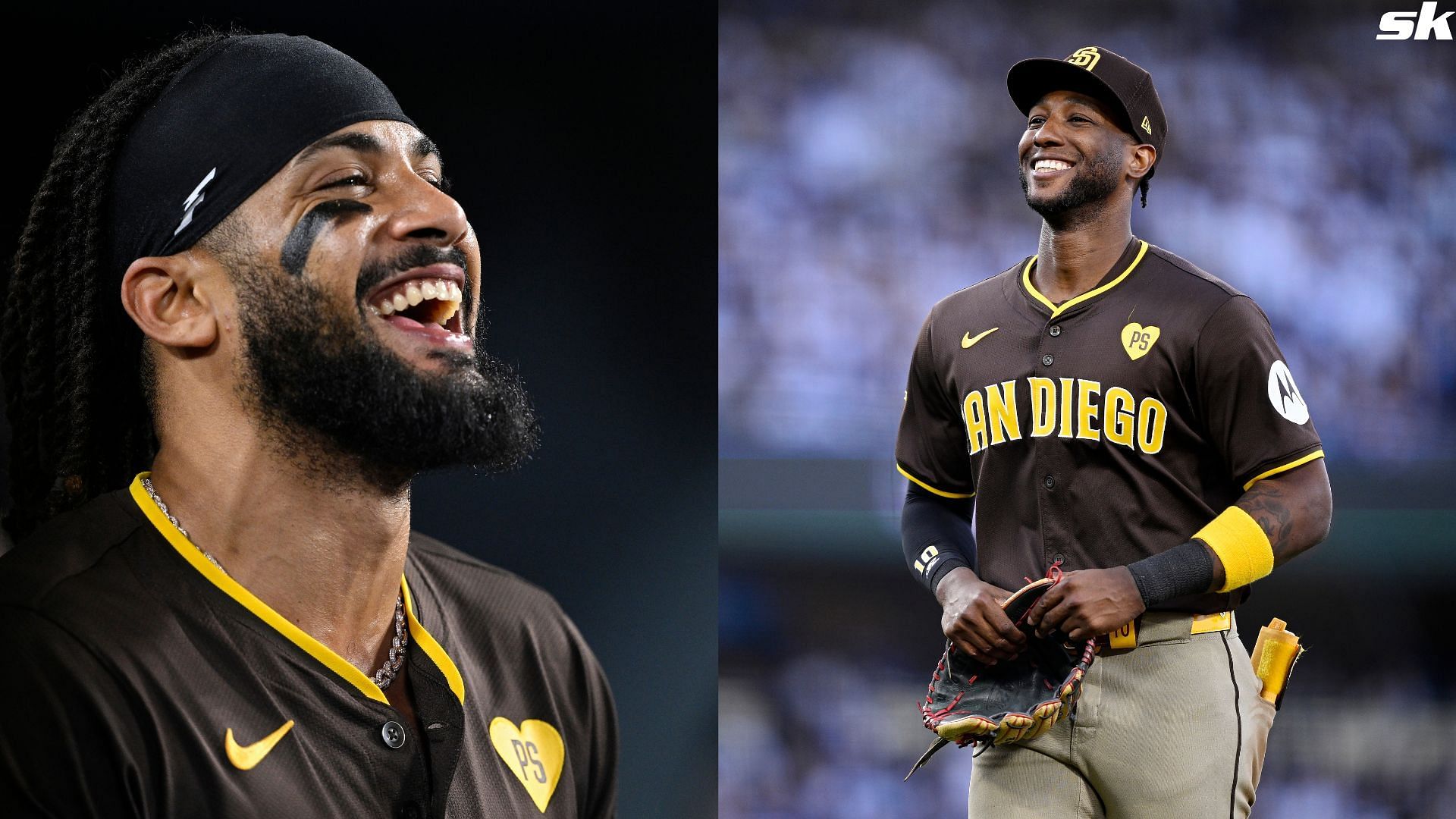 Jurickson Profar of the San Diego Padres walks across the field in the third inning against the Los Angeles Dodgers during Game Two of the Division Series at Dodger Stadium (Source: Getty)