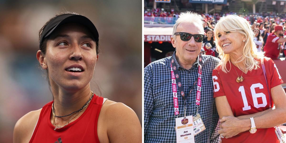 Jessica Pegula(left) and Joe Montana with wife Jennifer Wallace(right). Images: Getty