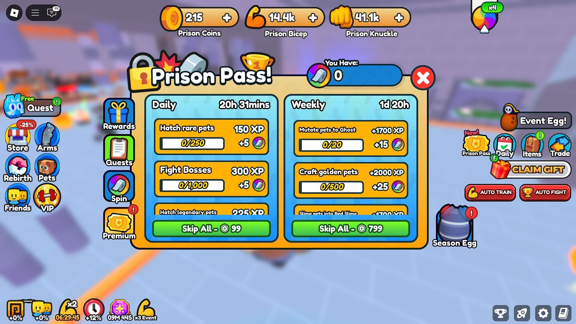 Complete quests to unlock Prison Pass rewards (Image via Roblox)