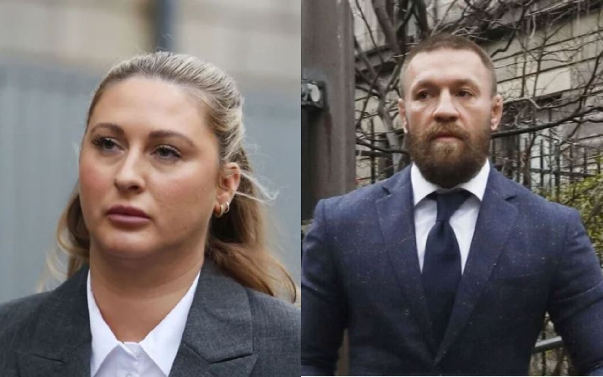 Nikita Hand (left) files an injunction to stop the release of the CCTV footage used in the trial of her assault case against Conor McGregor (right). [Image credit: @rtenews on X]