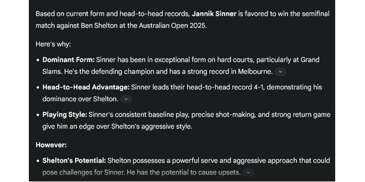 Gemini AI&#039;s prediction for the semifinal match between Jannik Sinner and Ben Shelton. (Source: Gemini AI)