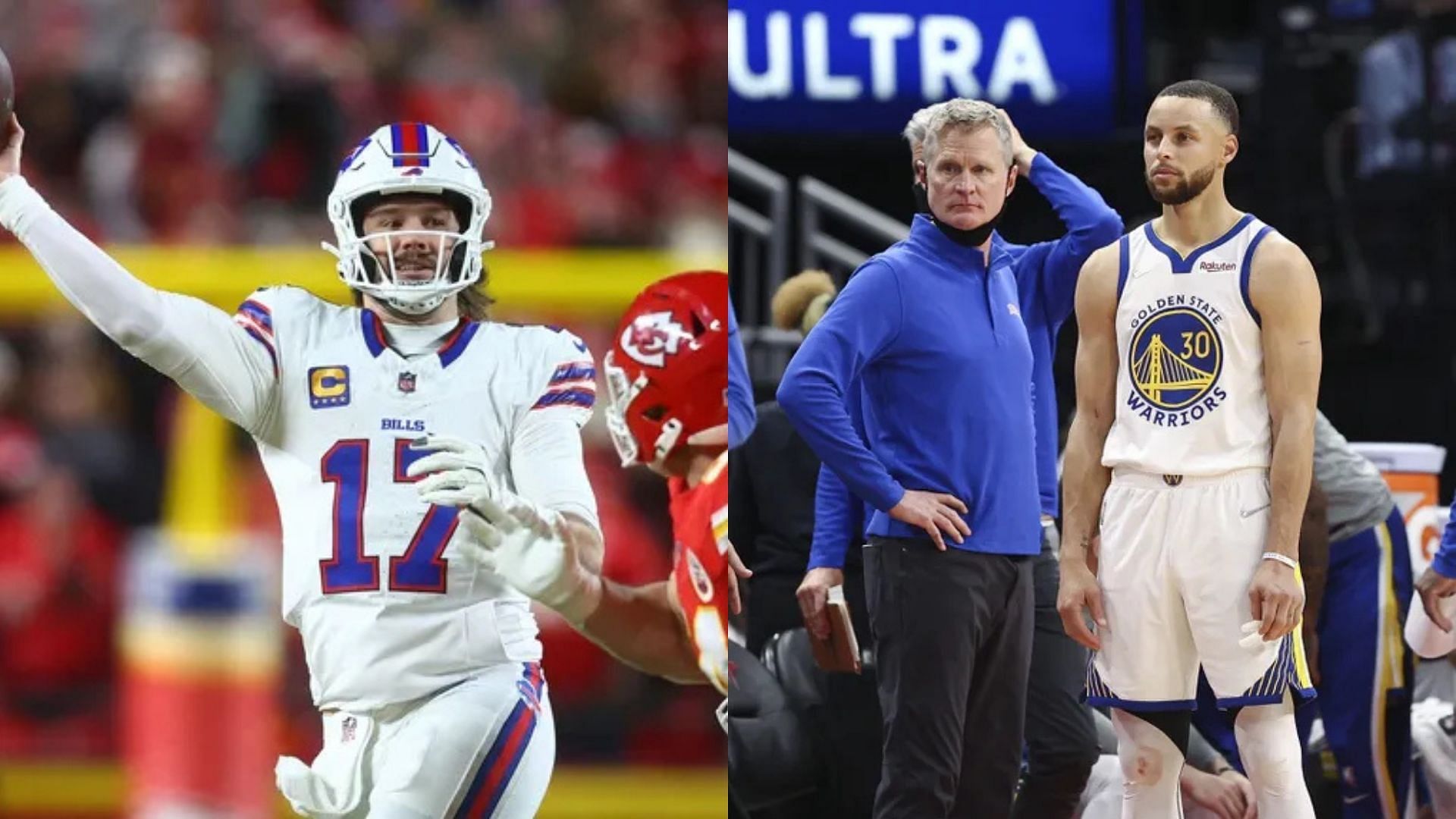 Buffalo Bills quarterback Josh Allen during the AFC championship game against the Kansas City Chiefs, Golden State Warriors coach Steve Kerr and guard Steph Curry. Photo Credits: Imagn