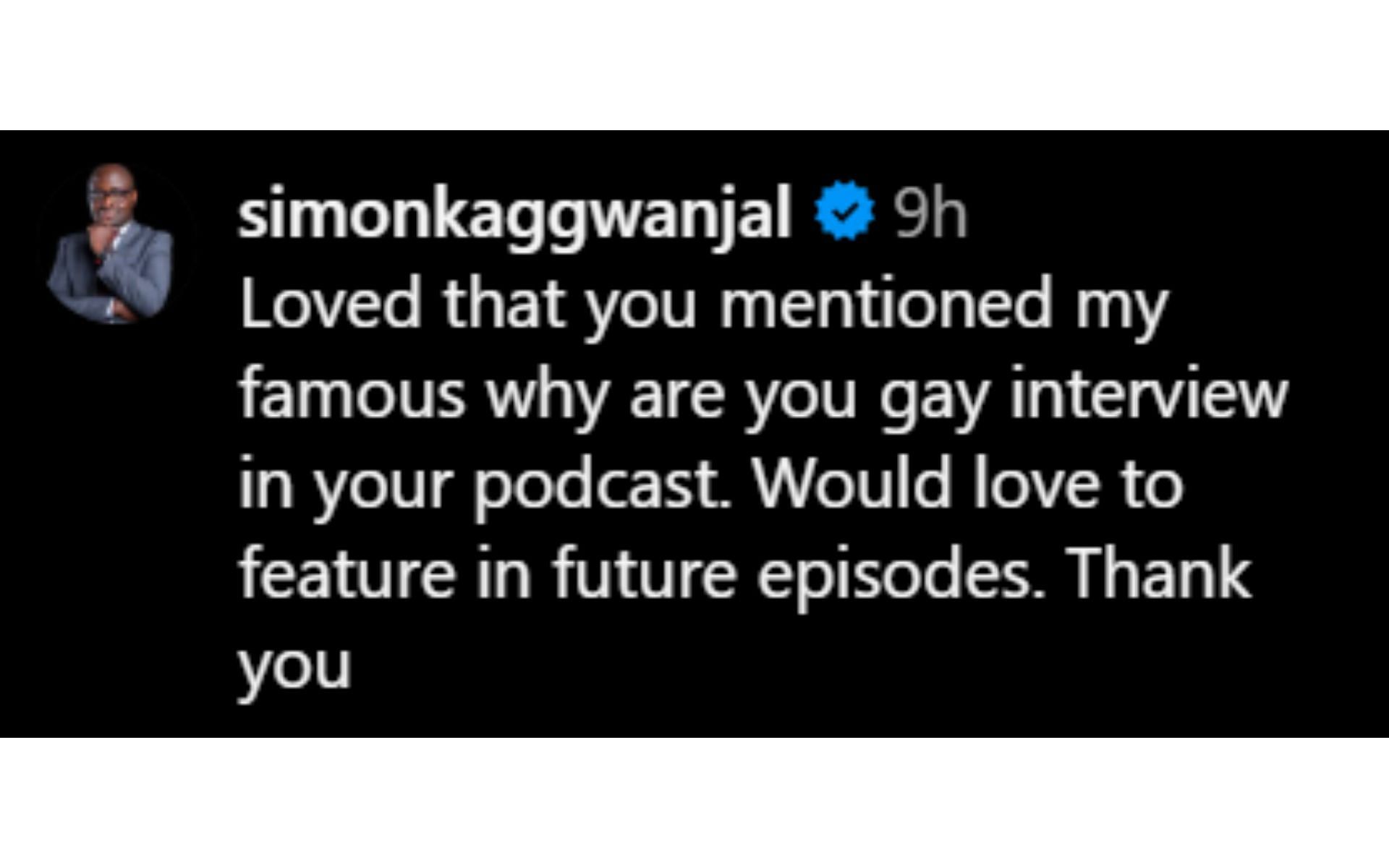 Screenshot of @simonkaggwanjal&#039;s comment on @joerogan&#039;s post on Instagram