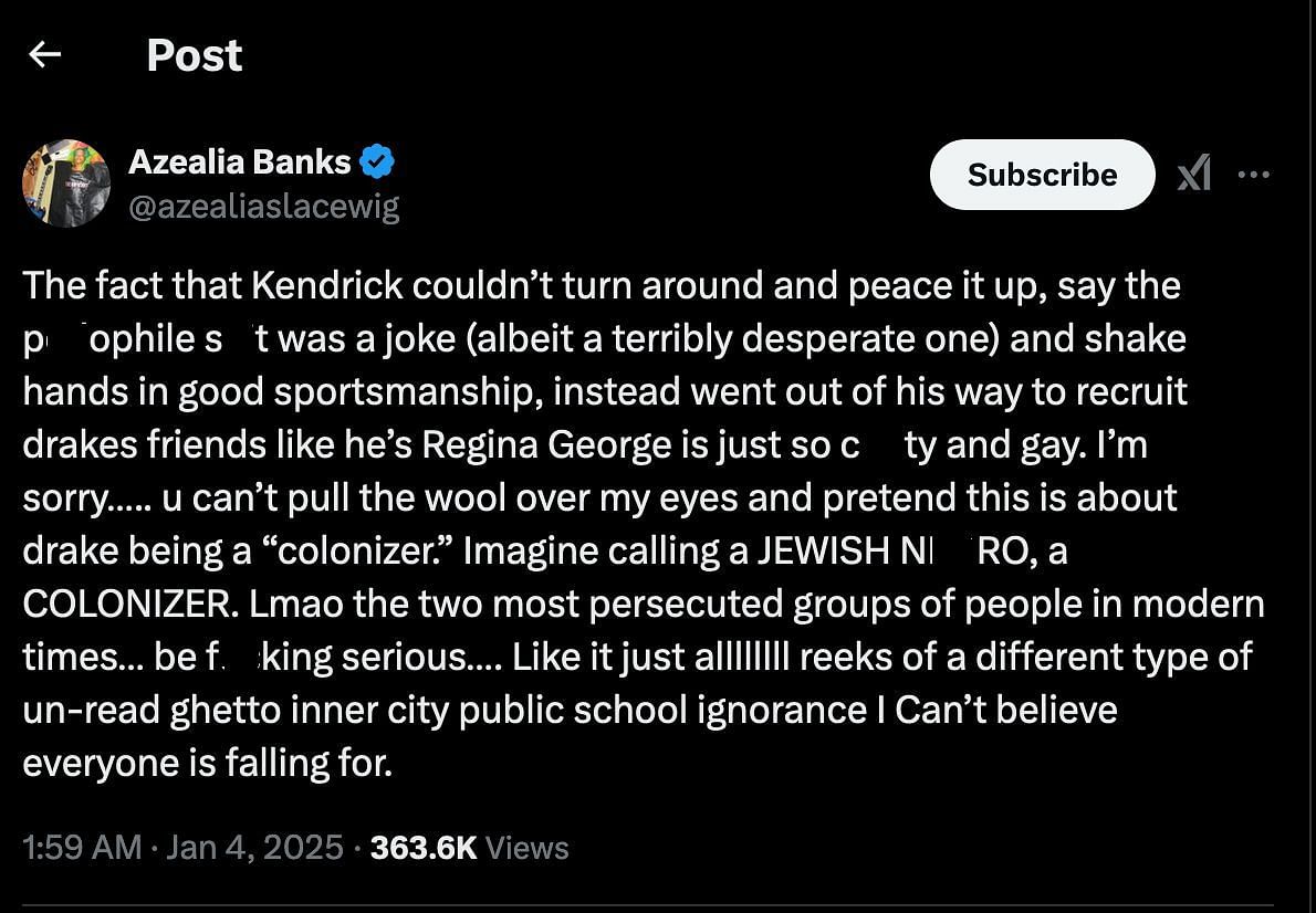 Azealia Banks&#039; tweet on Kendrick Lamar (Image via X/ @azealiaslacewig)