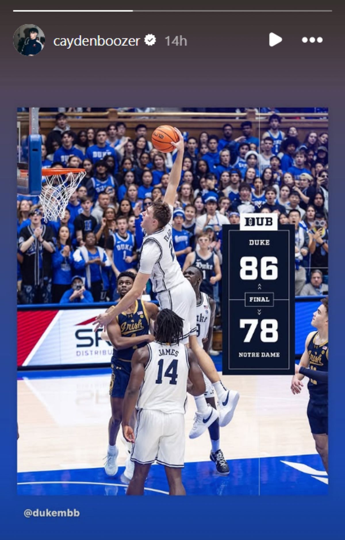 Carlos Boozer&#039;s son Cayden Boozer reshares a moment from Duke&#039;s victory over Notre Dame (Image: IG/caydenboozer)