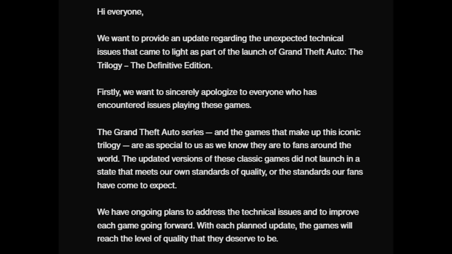 Rockstar addressing the issues with the Definitive Edition remasters at launch (Image via Rockstar Games)