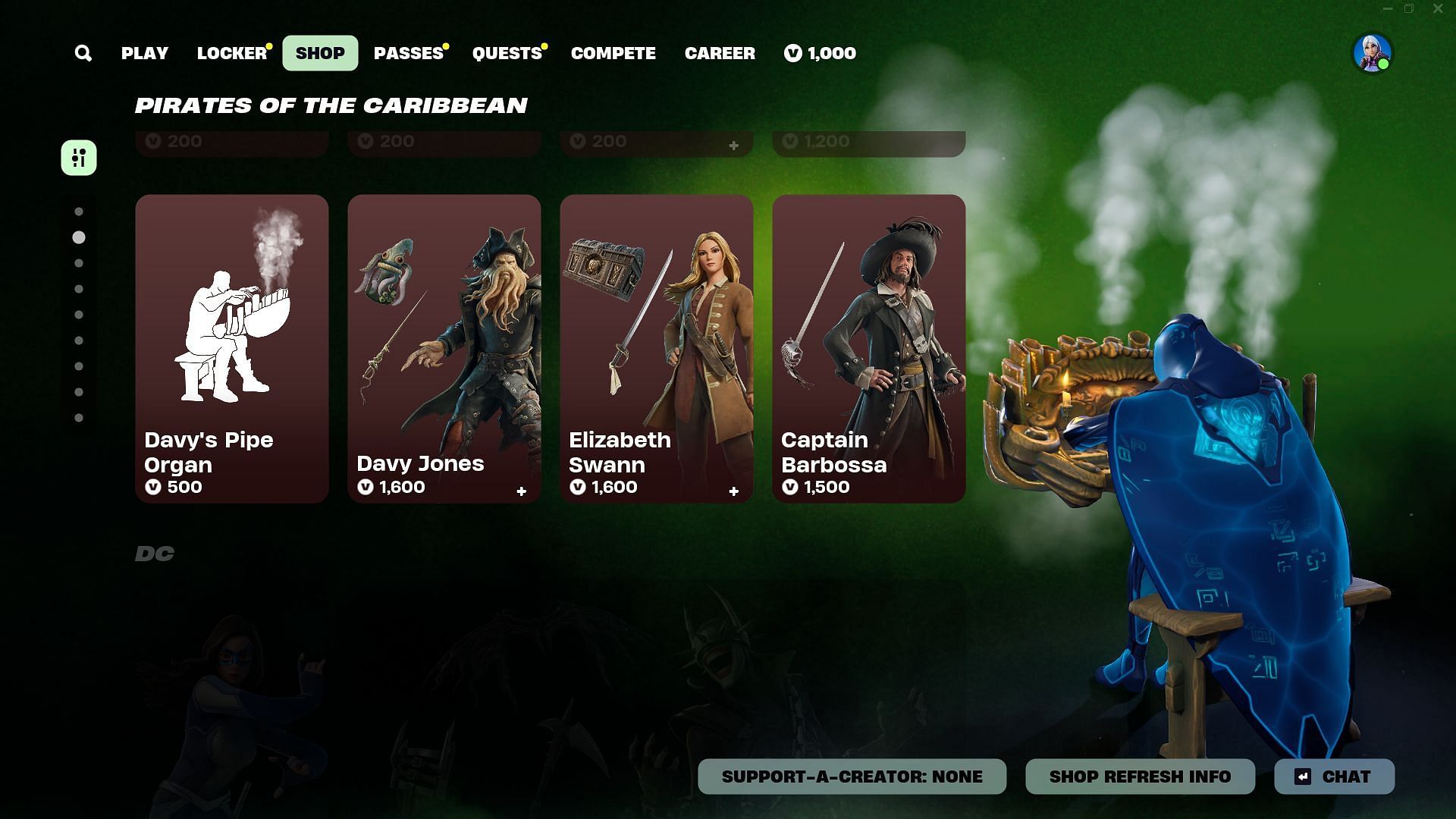 You can purchase Davy Jones, Elizabeth Swann, and Captain Barbossa (Pirates of the Caribbean) skins in Fortnite separately (Image via Epic Games)