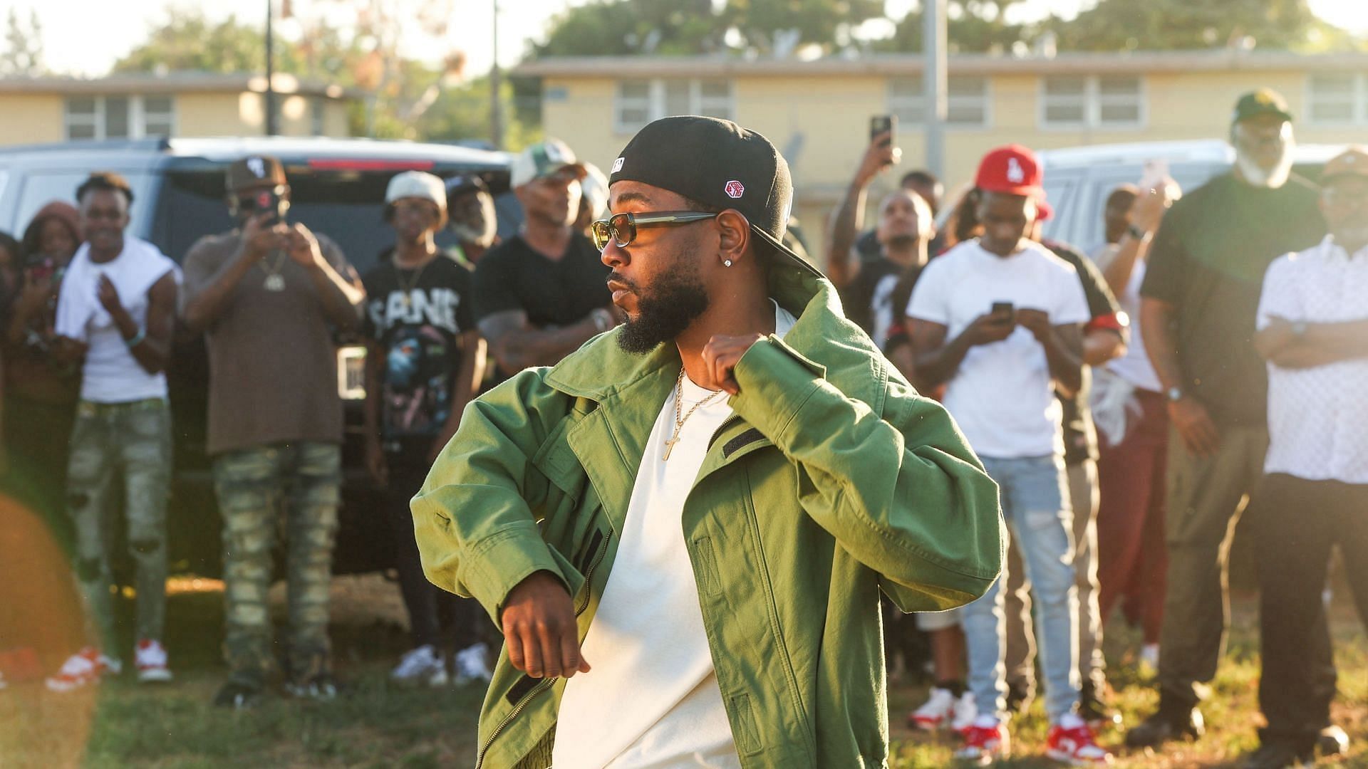 Kendrick Lamar dances during the music video shoot for &quot;Not Like Us&quot; at Nickerson Gardens on Saturday, June 22, 2024, in Watts, CA. (Image via Getty/Michael Blackshire)