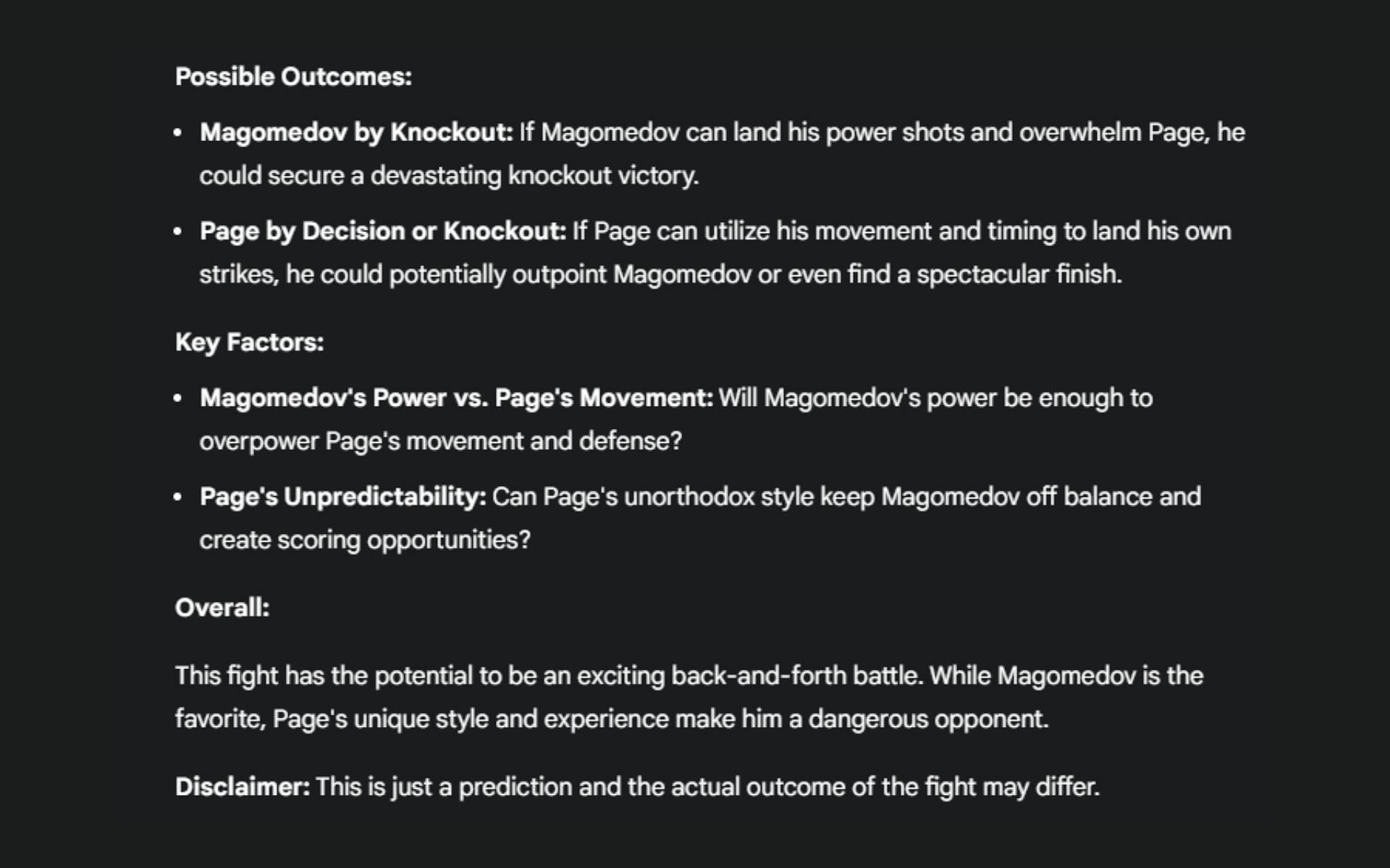 Screenshot of Google&#039;s AI prediction for the UFC Saudi Arabia co-headliner -- Shara Magomedov vs. Michael &#039;Venom&#039; Page