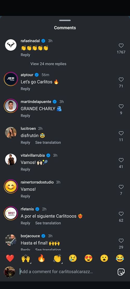 Rafael Nadal responds to an Instagram post from Carlos Alcaraz