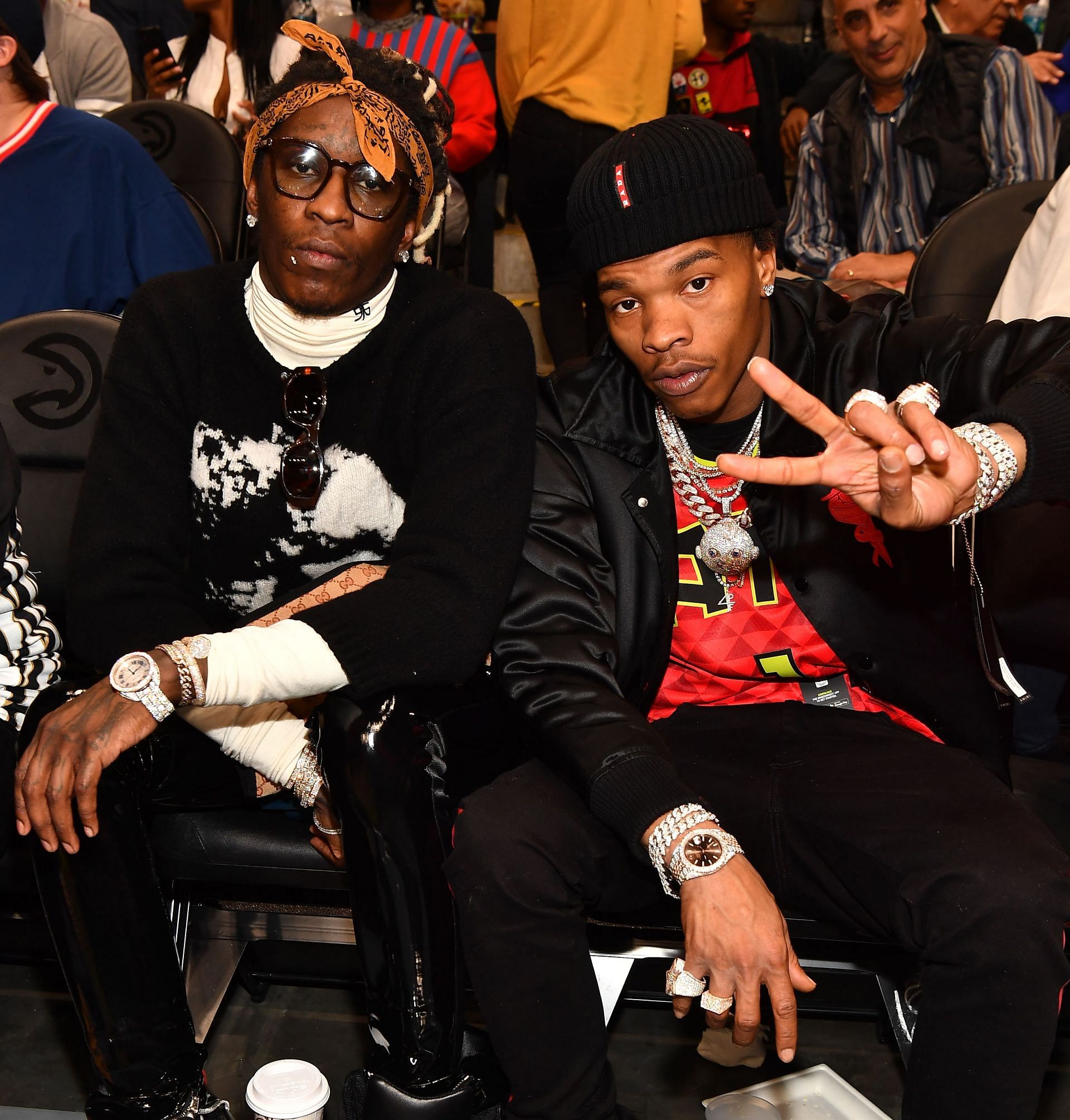 Young Thug and Lil Baby at a Golden State Warriors vs. Atlanta Hawks Game (Image via Getty)