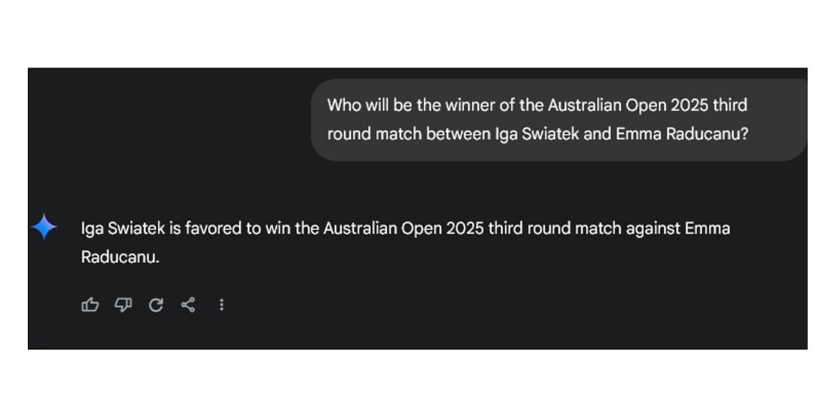 Gemini AI&#039;s prediction for Iga Swiatek vs Emma Raducanu 3R match at the Australian Open 2025. (Source: Gemini AI)