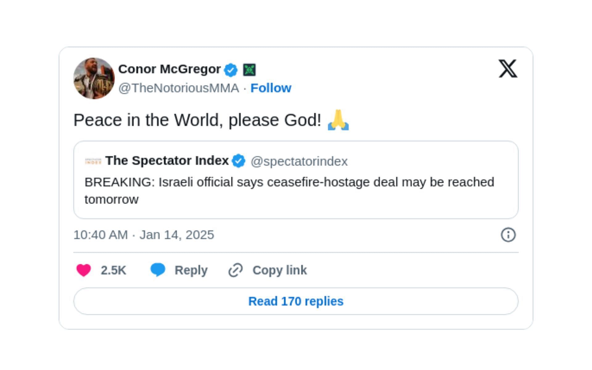 Conor McGregor reacts to news of Israel-Hamas ceasefire