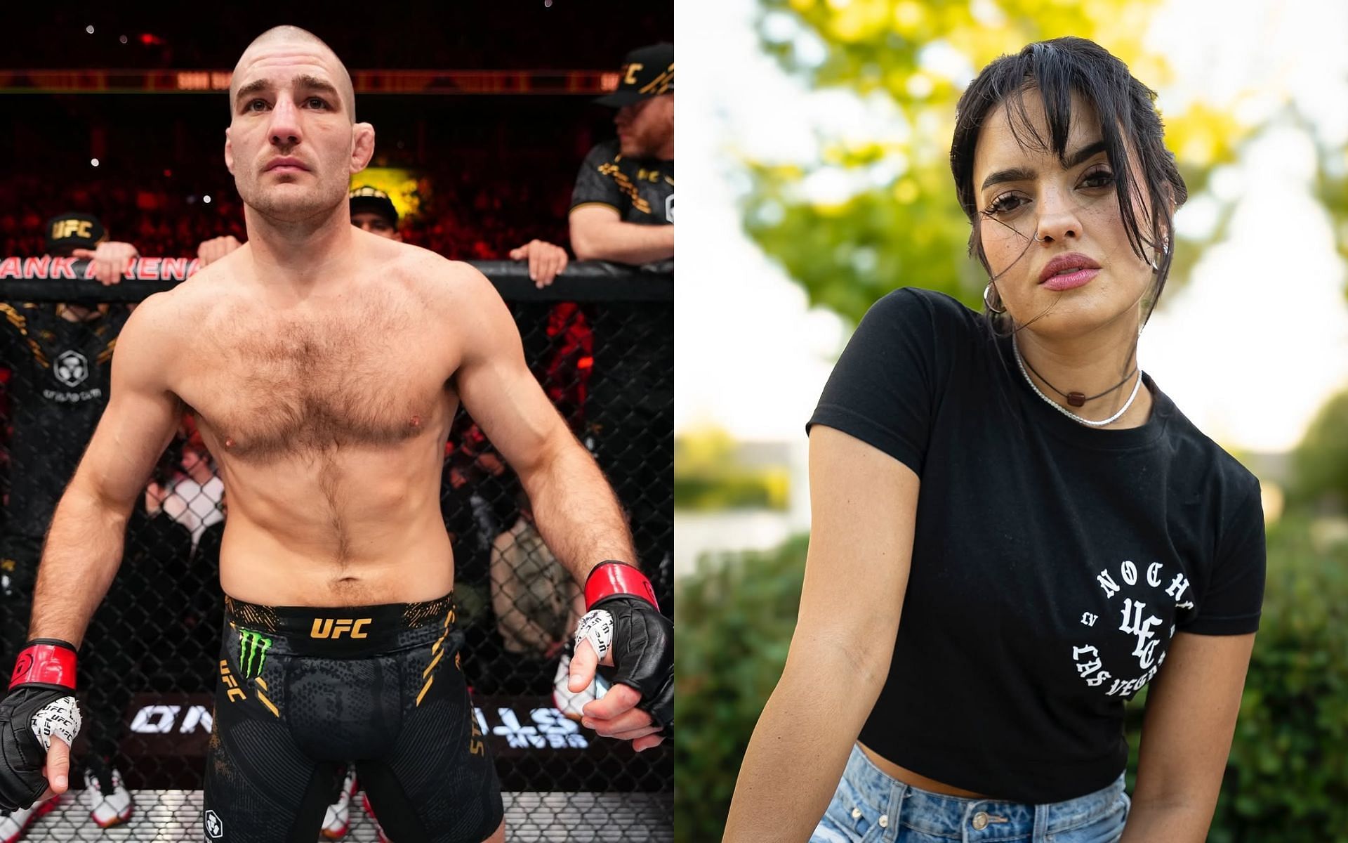 Sean Strickland (left) delivers NSFW message to girlfriend&rsquo;s mom during interview with Nina-Marie Daniele (right). [Image courtesy: @ufcstore and @ufc_brasil on Instagram]