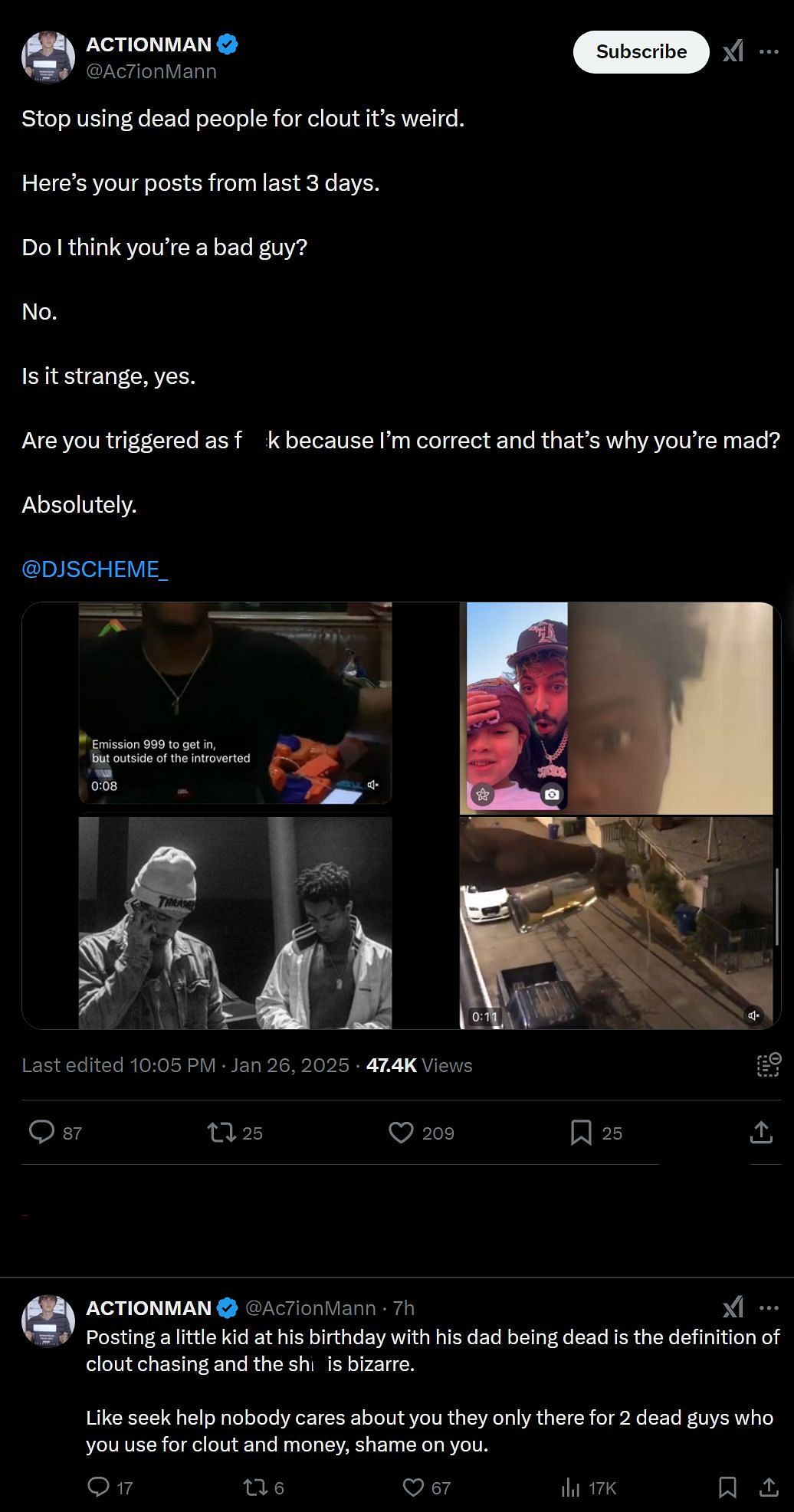 The Kick streamer&#039;s post calling the musician out for &quot;clout chasing&quot; (Image via @Ac7ionMann/X)