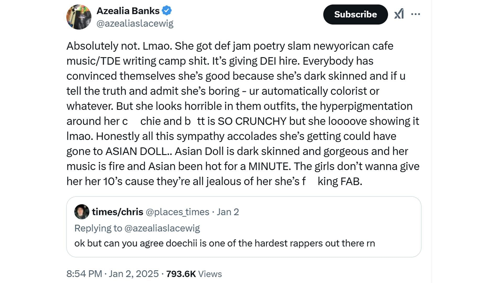 Banks&#039; post (Image via X/ @azealiaslacewig)