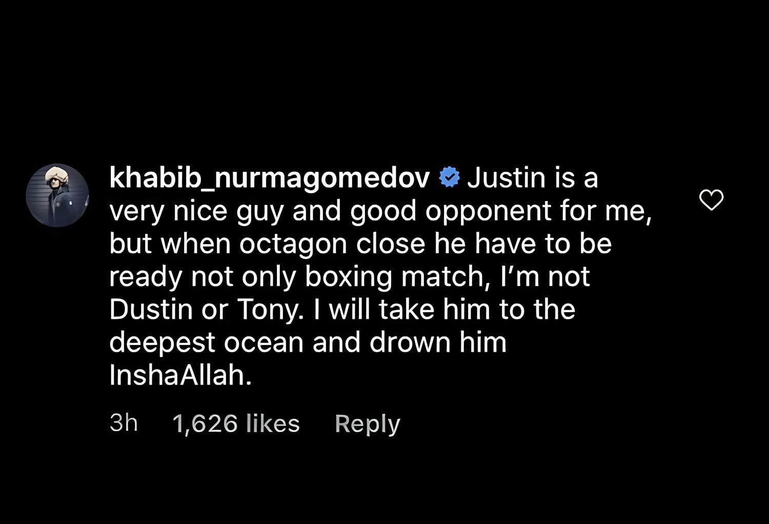 A screenshot of Khabib Nurmagomedov&#039;s comment on Joe Rogan&#039;s Instagrma post