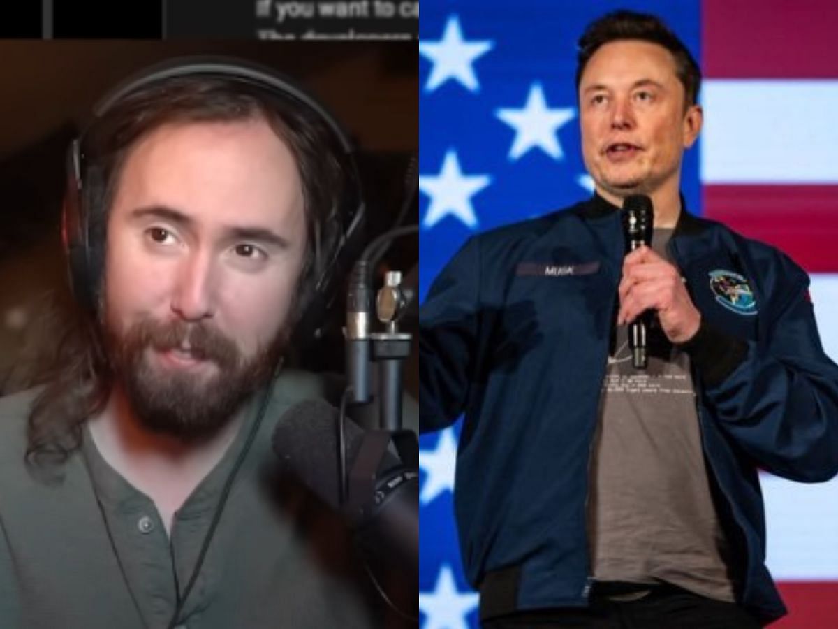 Elon Musk fires back at Asmongold (Image via YouTube/@AsmongoldTV and X/@ElonMusk)