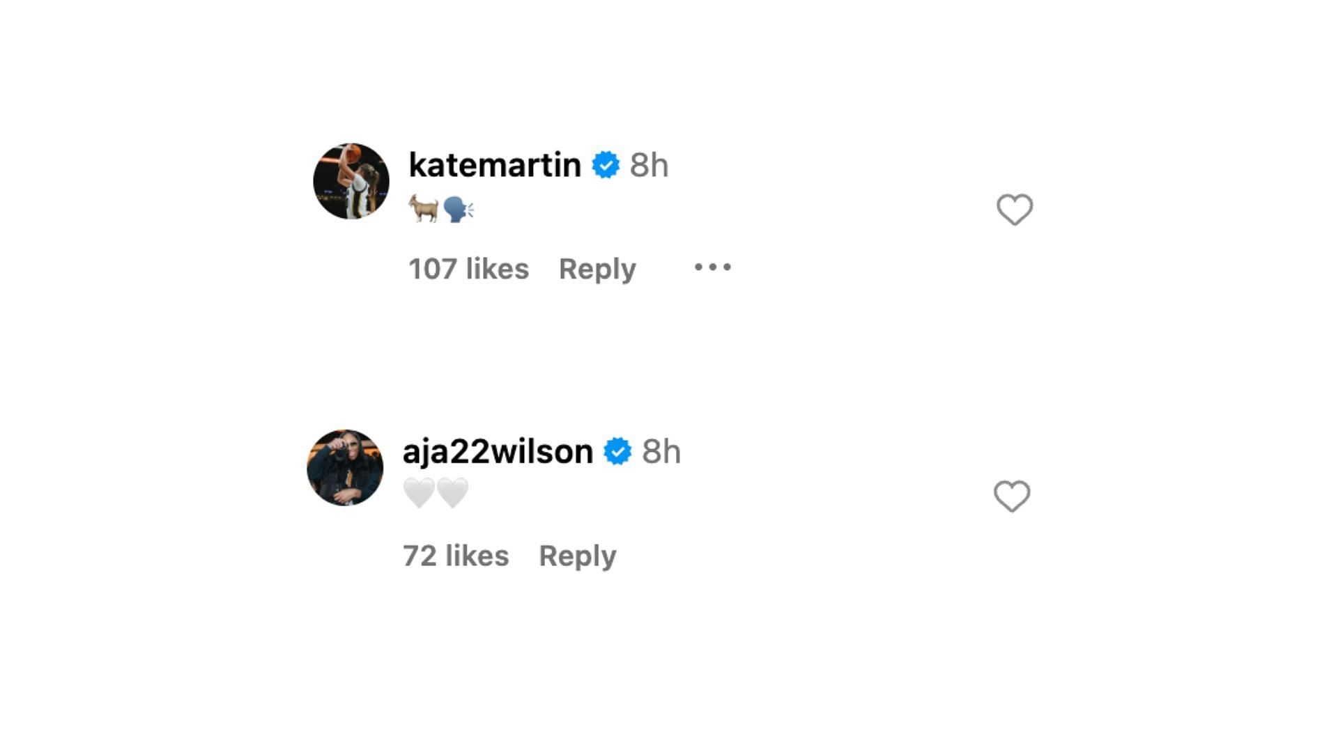 Kate Martin and A&#039;ja Wilson comment on Elizabeth Kitley&#039;s IG post: Photo Credits: Instagram/@elizabethkitley