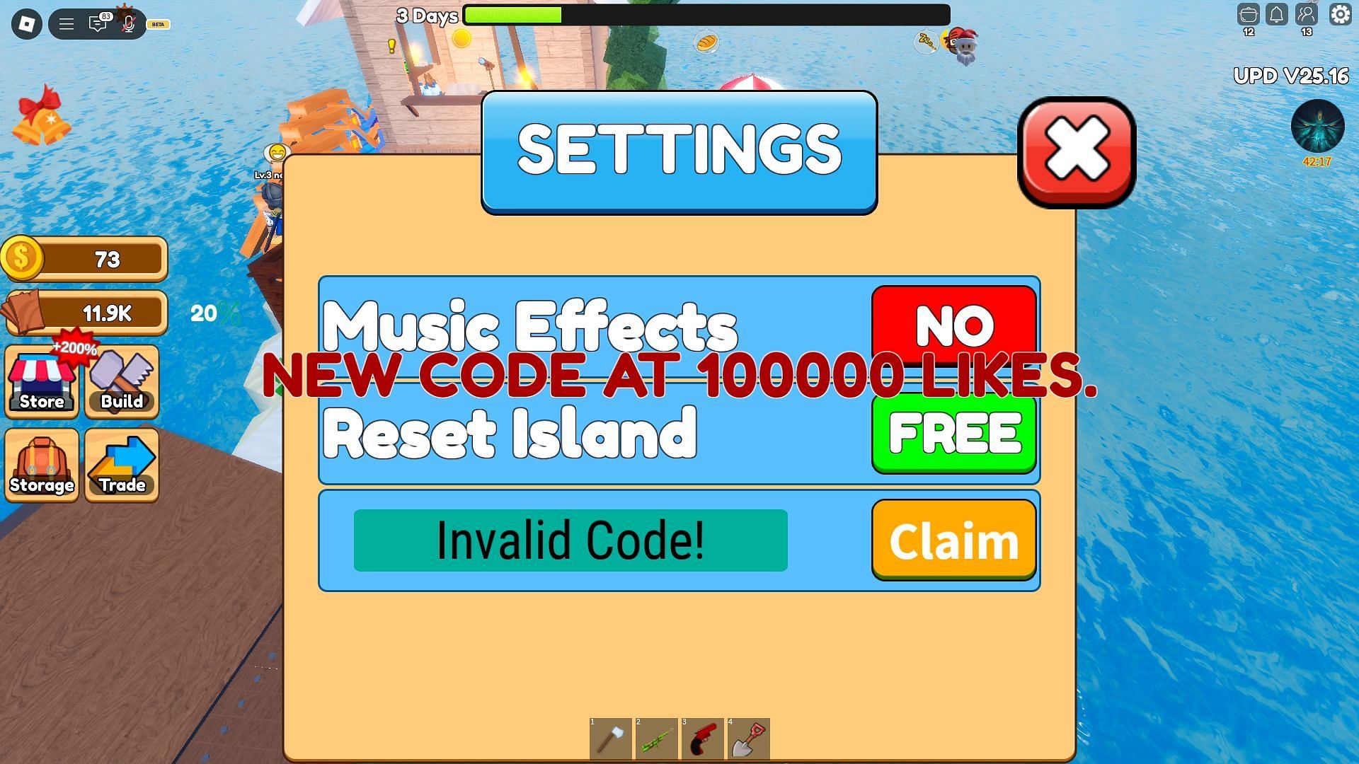 An invalid code error in Desert Island Survival (Image via Roblox)