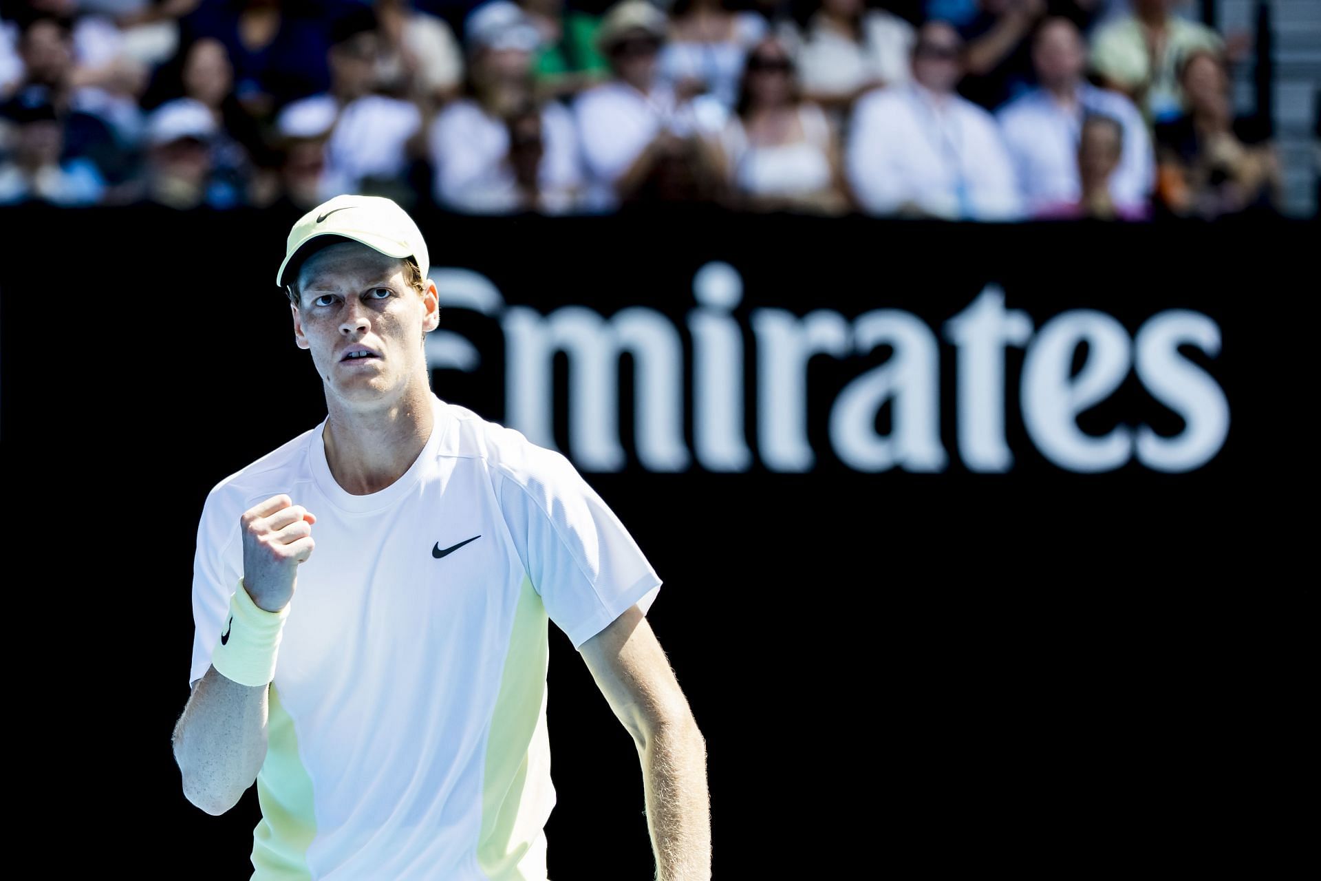 Jannik Sinner in action during his first-round encounter at the 2025 Australian Open. (Source: Getty)