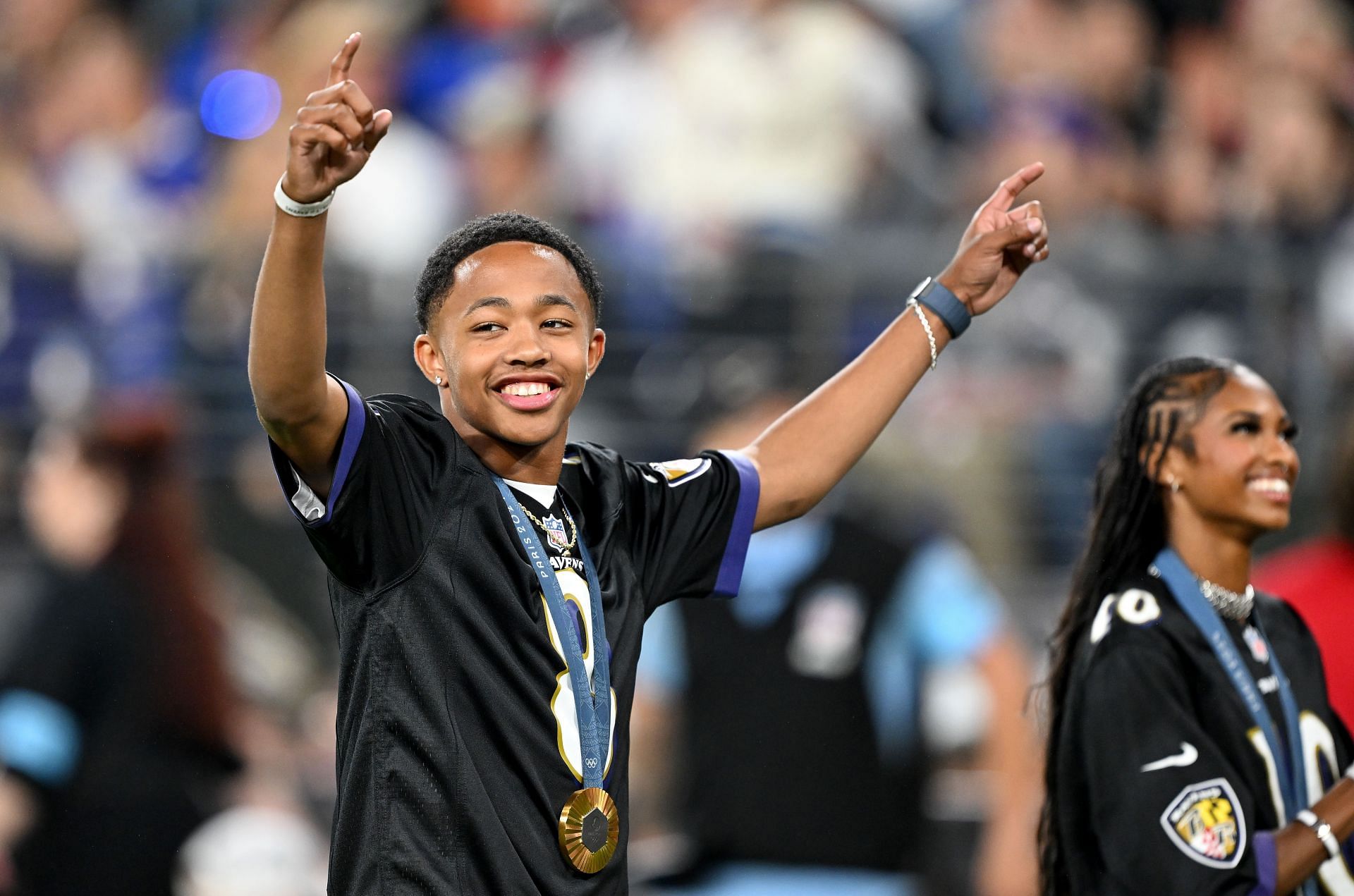 Quincy Wilson is introduced to the crowd during the game between the Baltimore Ravens and the Buffalo Bills on September 29, 2024 (Photo by G Fiume/Getty Images)