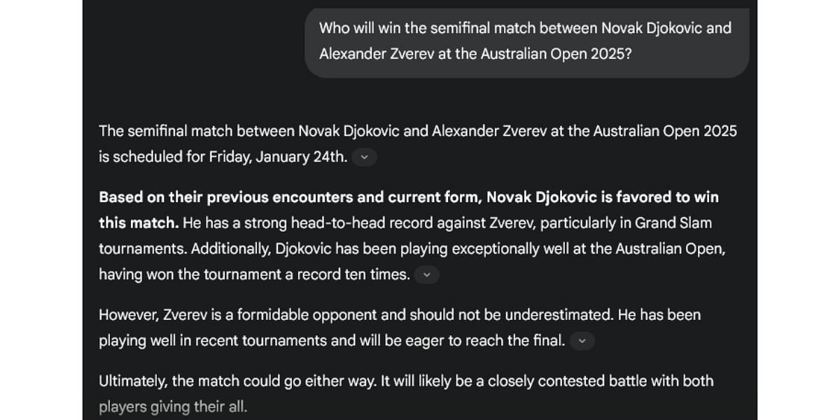 Gemini AI&#039;s prediction for the semifinal between Novak Djokovic and Alexander Zverev. (Source: Gemini AI)