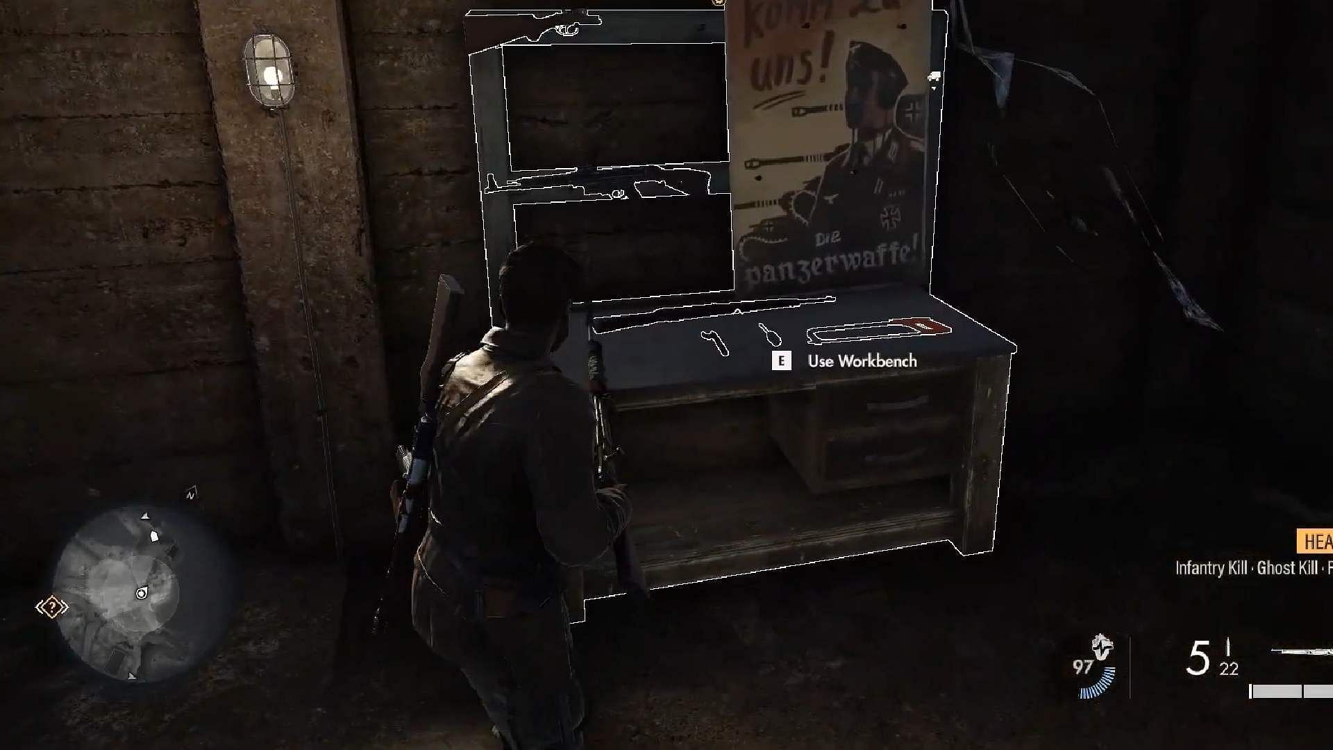 SMG desk location in Sniper Elite Resistance (Image via Rebellion || YouTube/@Game Guides Channel)