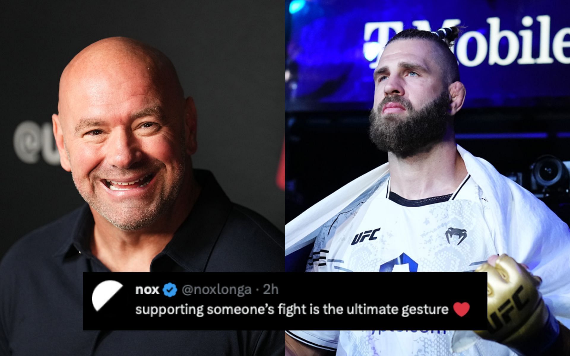 Fans on Jiri Prochazka (right) and Dana White (left) supporting fan fighting cancer. [Image courtesy: Getty Images] 