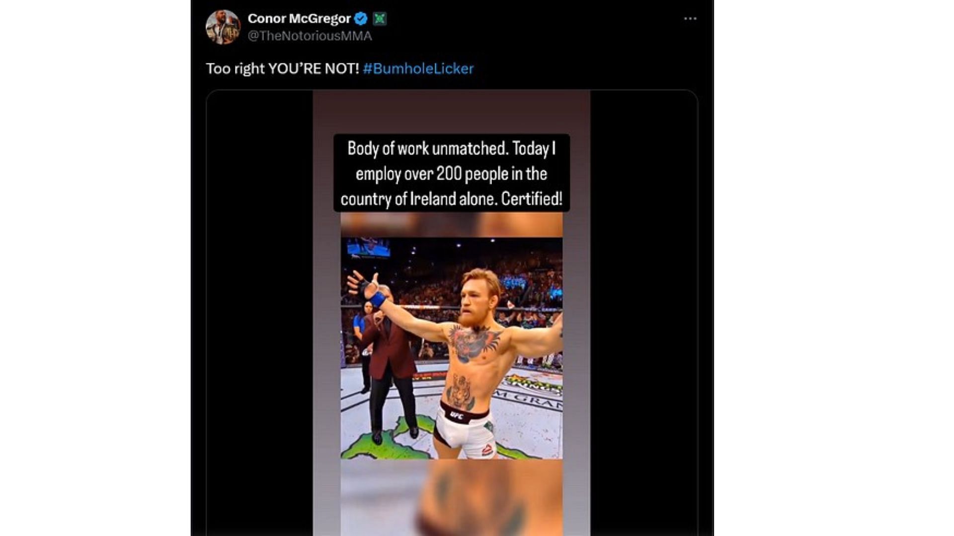 Conor McGregor&#039;s tweet [Screenshot courtesy: @TheNotoriousMMA on X]