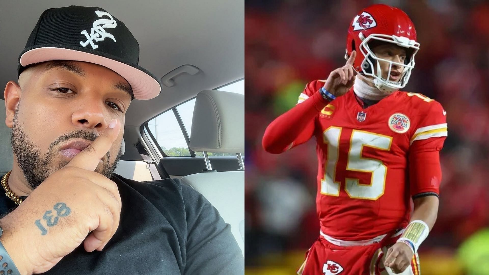 Cuffs the Legend poses for a photo, NFL quarterback Patrick Mahomes. Photo Credits: Cuffs the Legend&#039;s IG account, Imagn